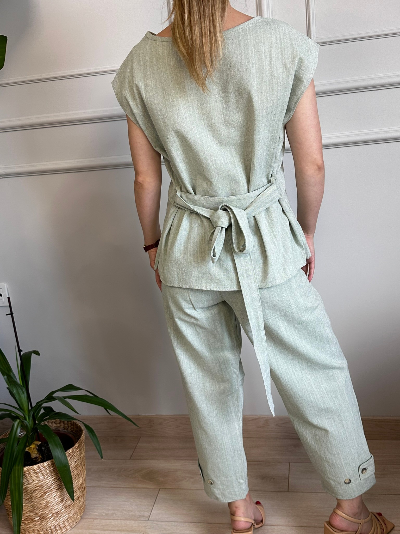 keten su yeşili pantolon takım