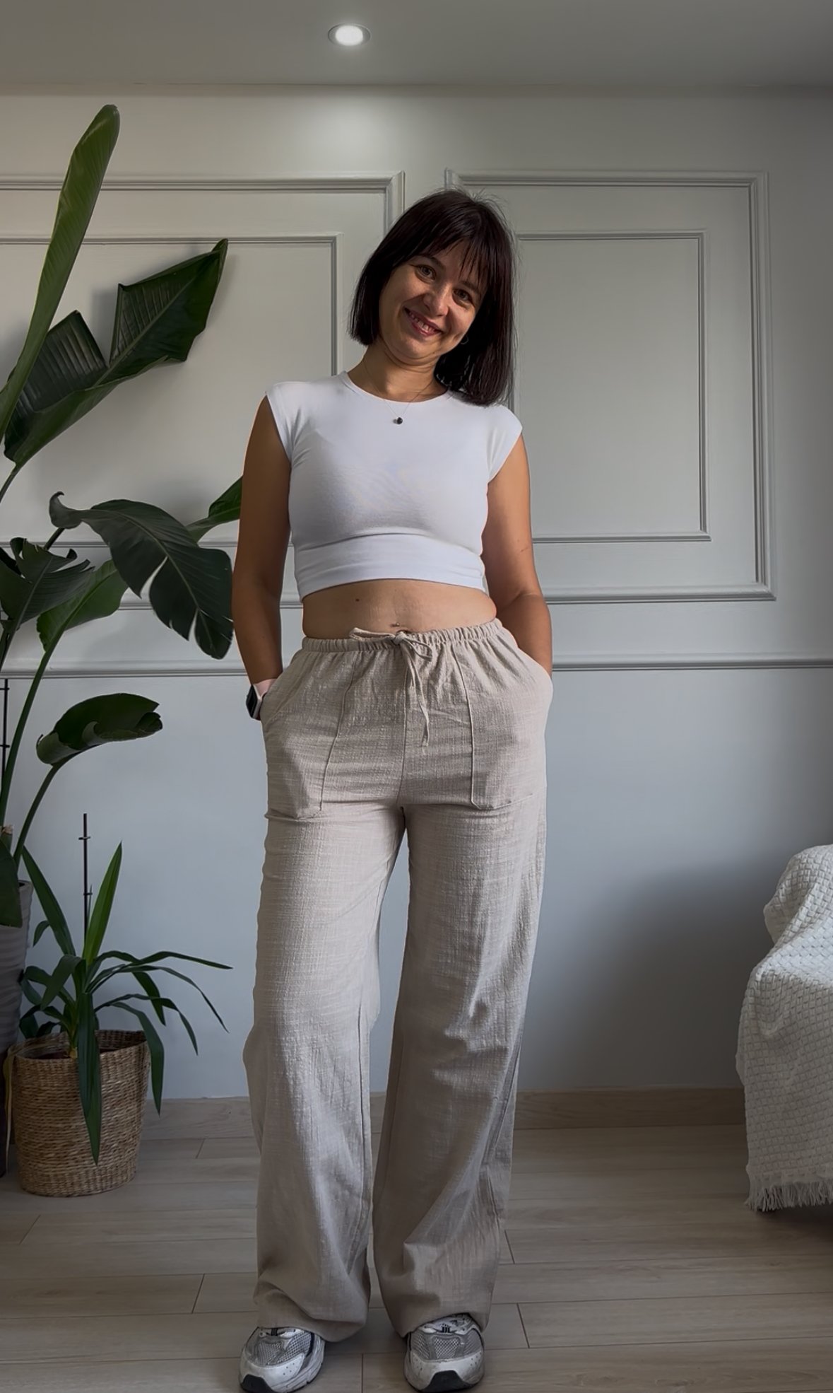 bej rengi beli lastikli keten pantolon