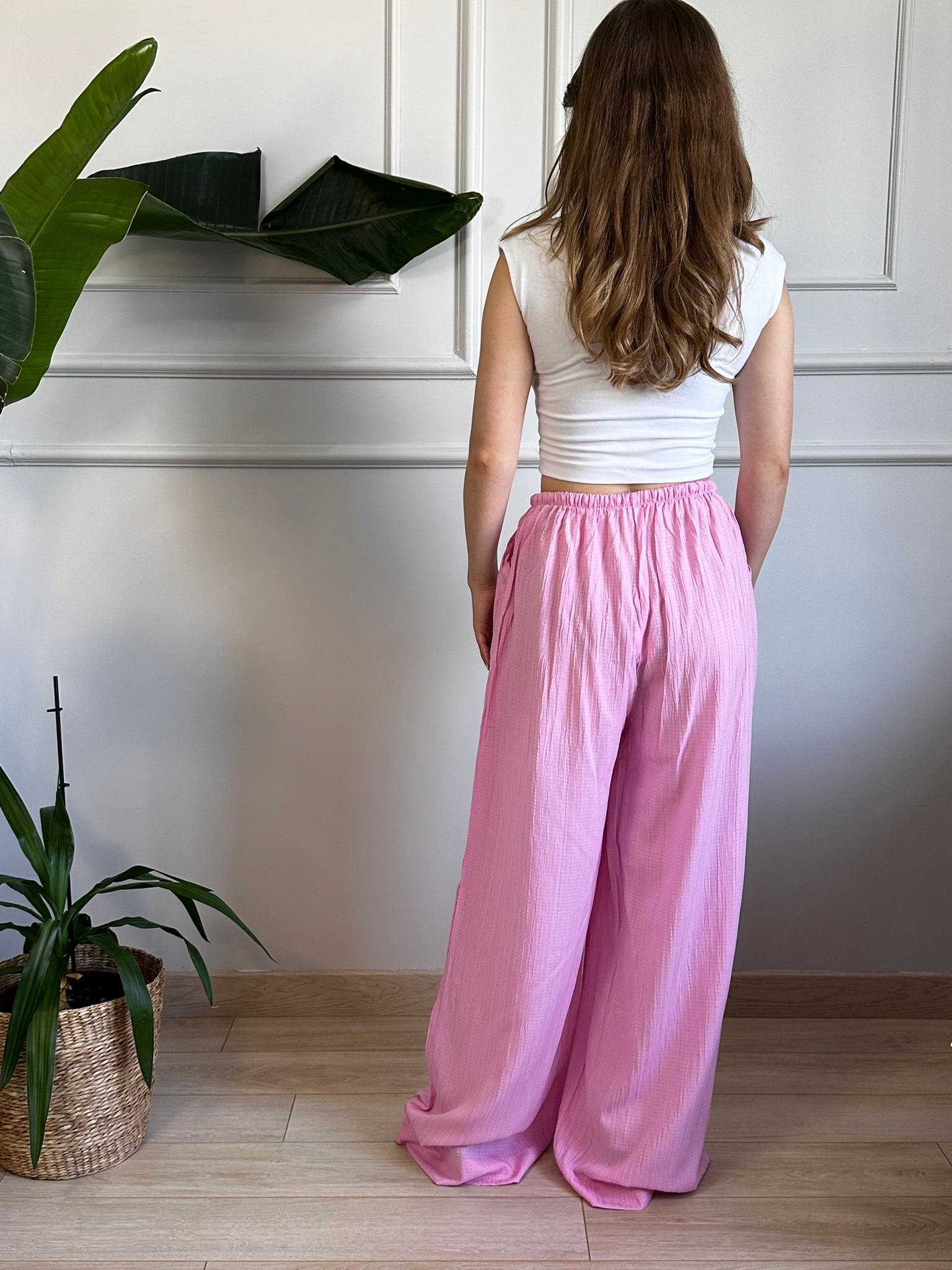 pembe gofre kumaş ince bel ayarlanabilir bol paça pantolon