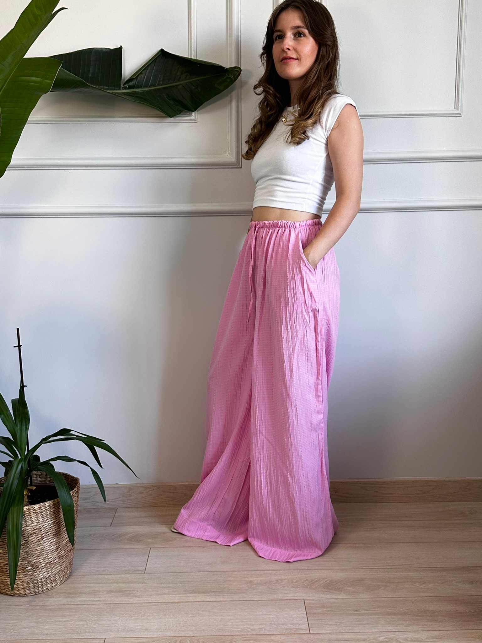 pembe gofre kumaş ince bel ayarlanabilir bol paça pantolon