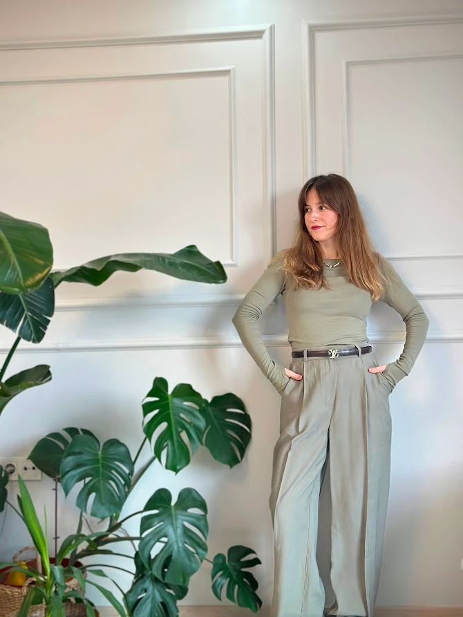 Haki Renk Tensel Kumaş Palazzo Pantolon