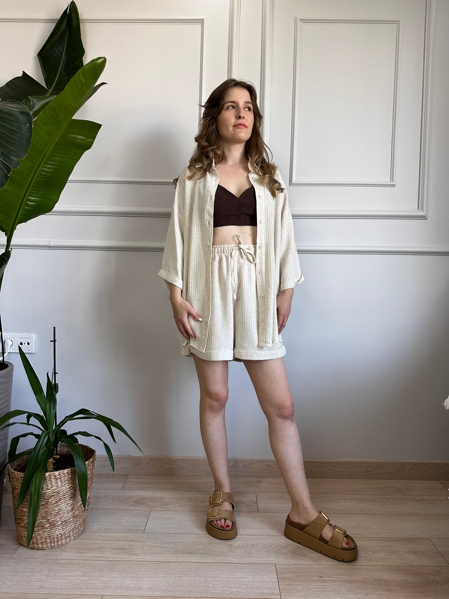 keten şort bralet gömlek 3 lü takım