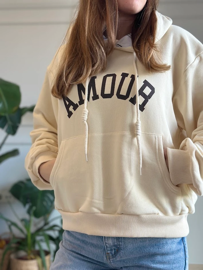 Krem Rengi Kapüşonlu Sweatshirt