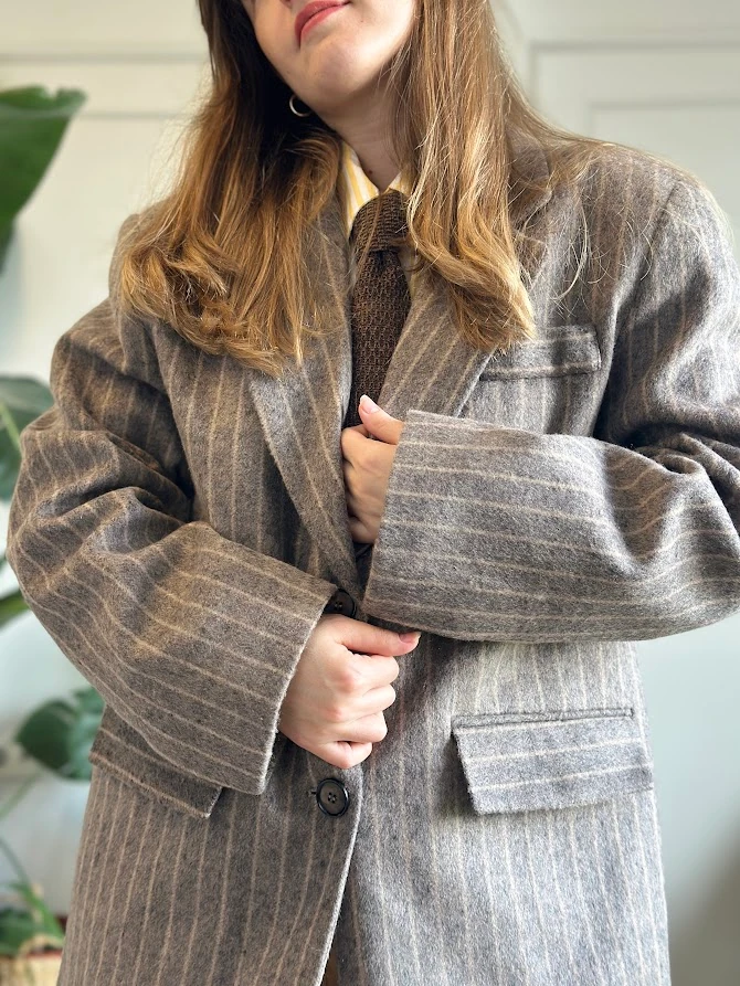 Hardal Çizgili Gri Renk Kalın Blazer Kaban