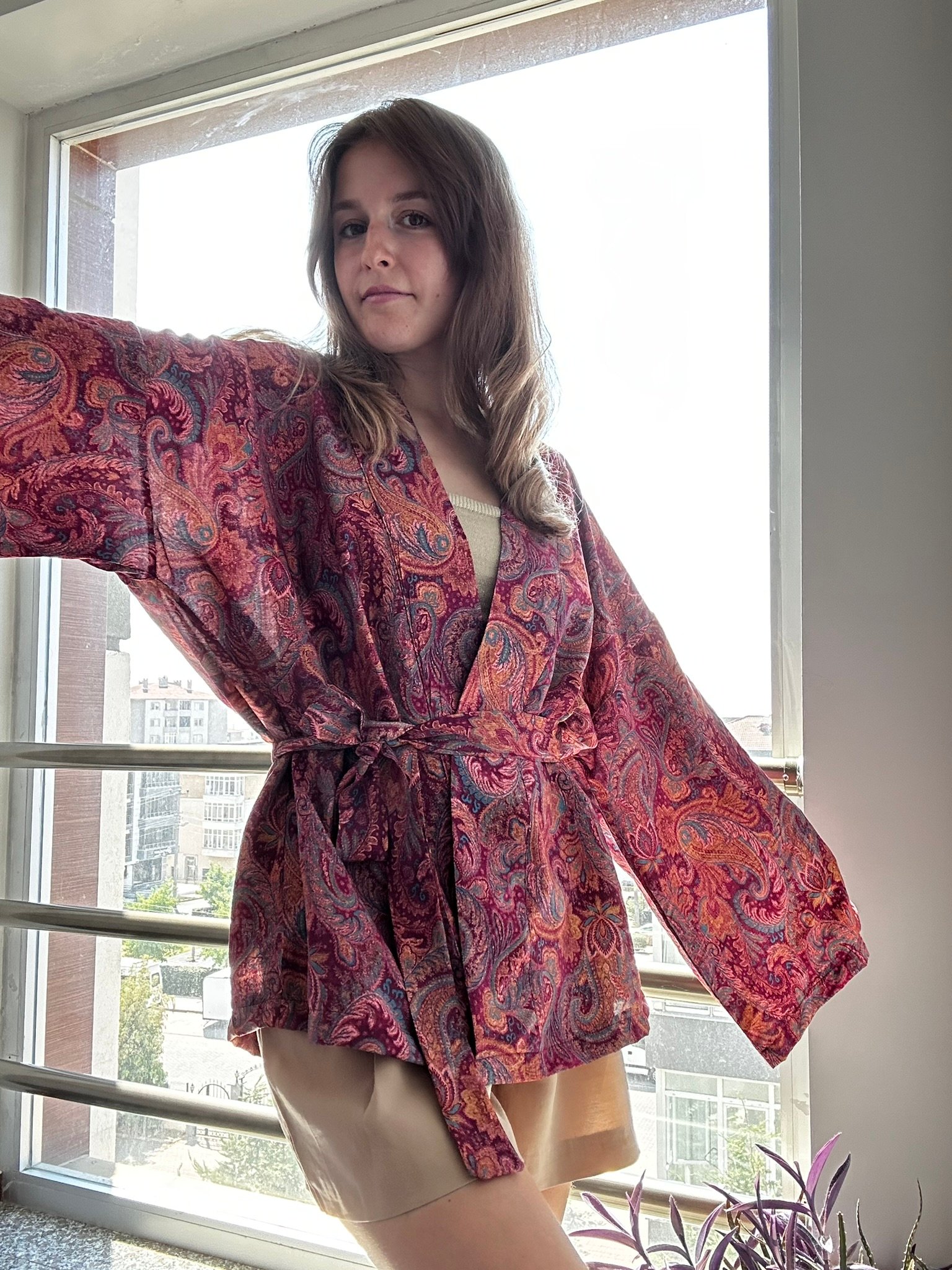etnik desenli kuşaklı kısa kimono