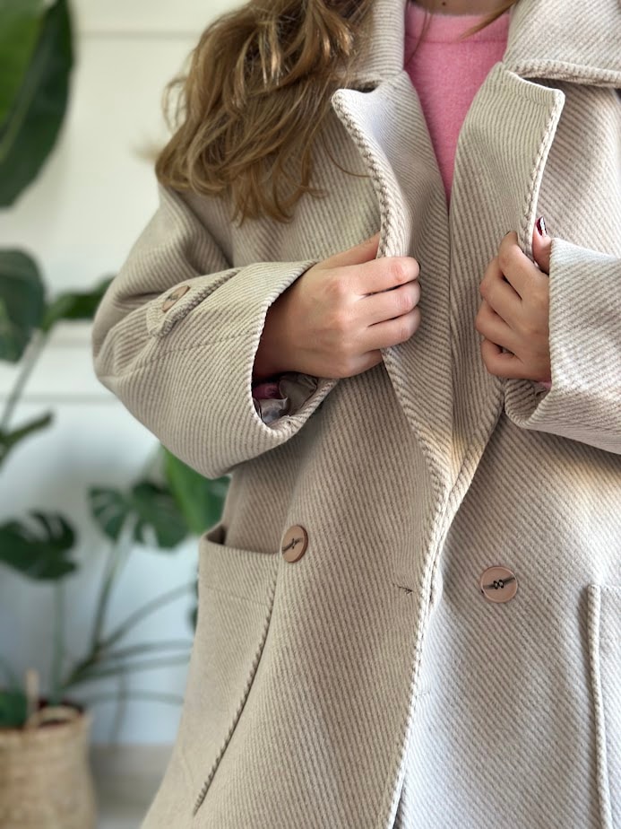 ithal kumaş çizgili bej rengi oversize kaban