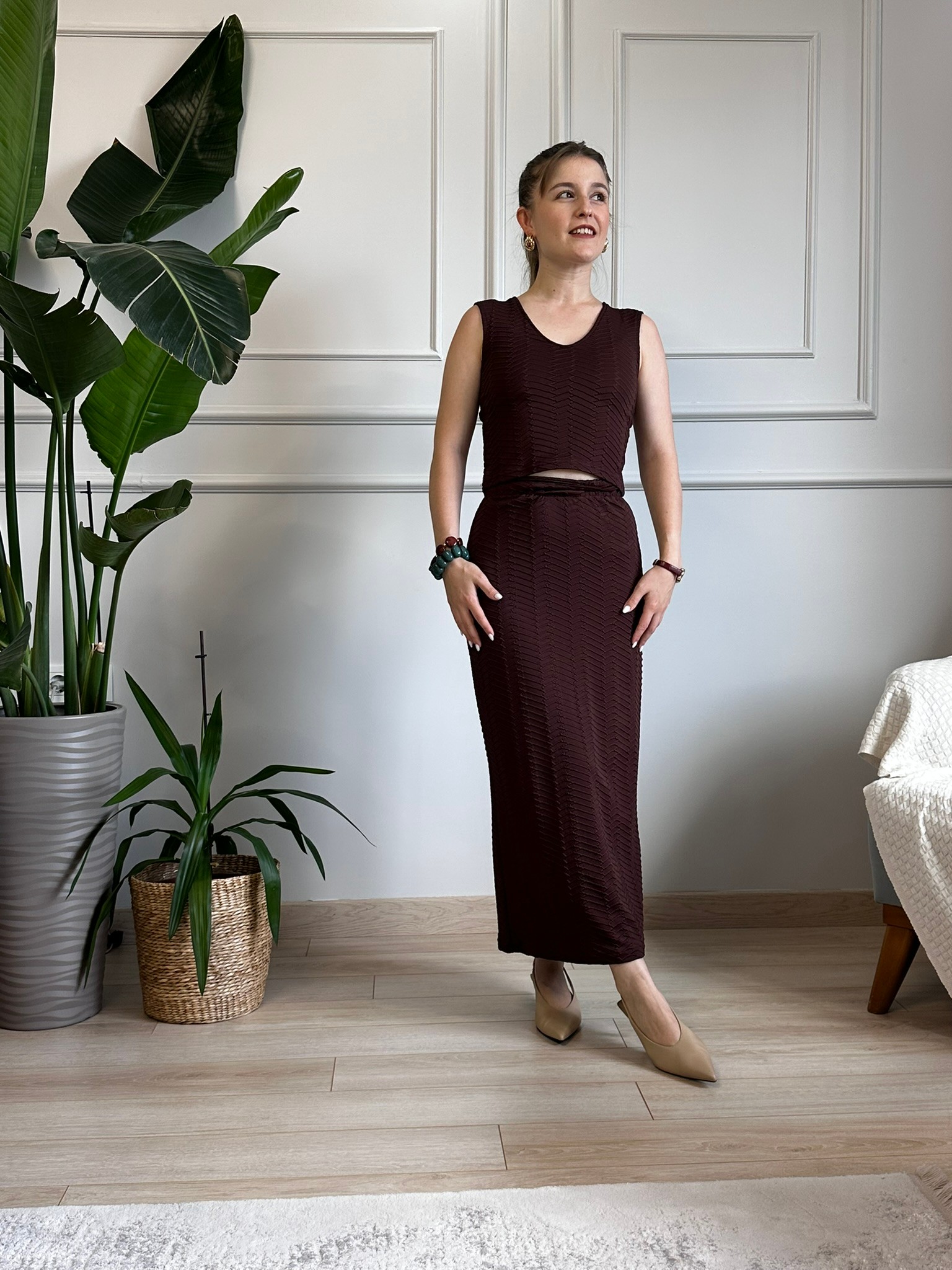 yumuşak kumaş ZR maxi etek bluz takım