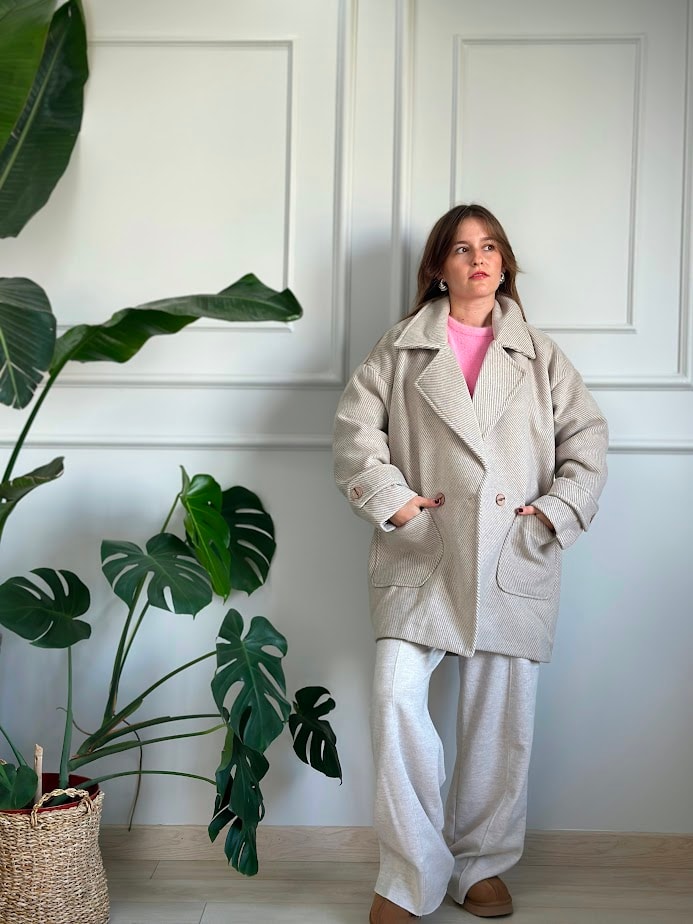 ithal kumaş çizgili bej rengi oversize kaban