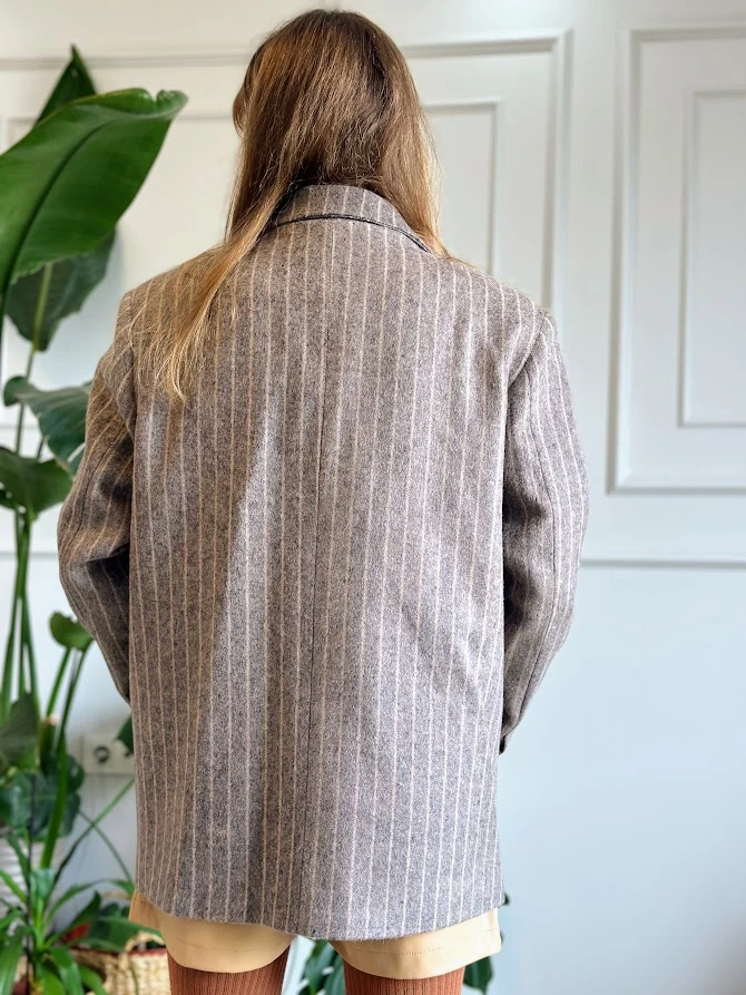 Hardal Çizgili Gri Renk Kalın Blazer Kaban