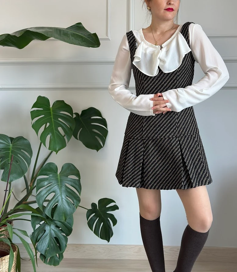 Kahverengi Ekose Kumaş Kalın Pileli Elbise