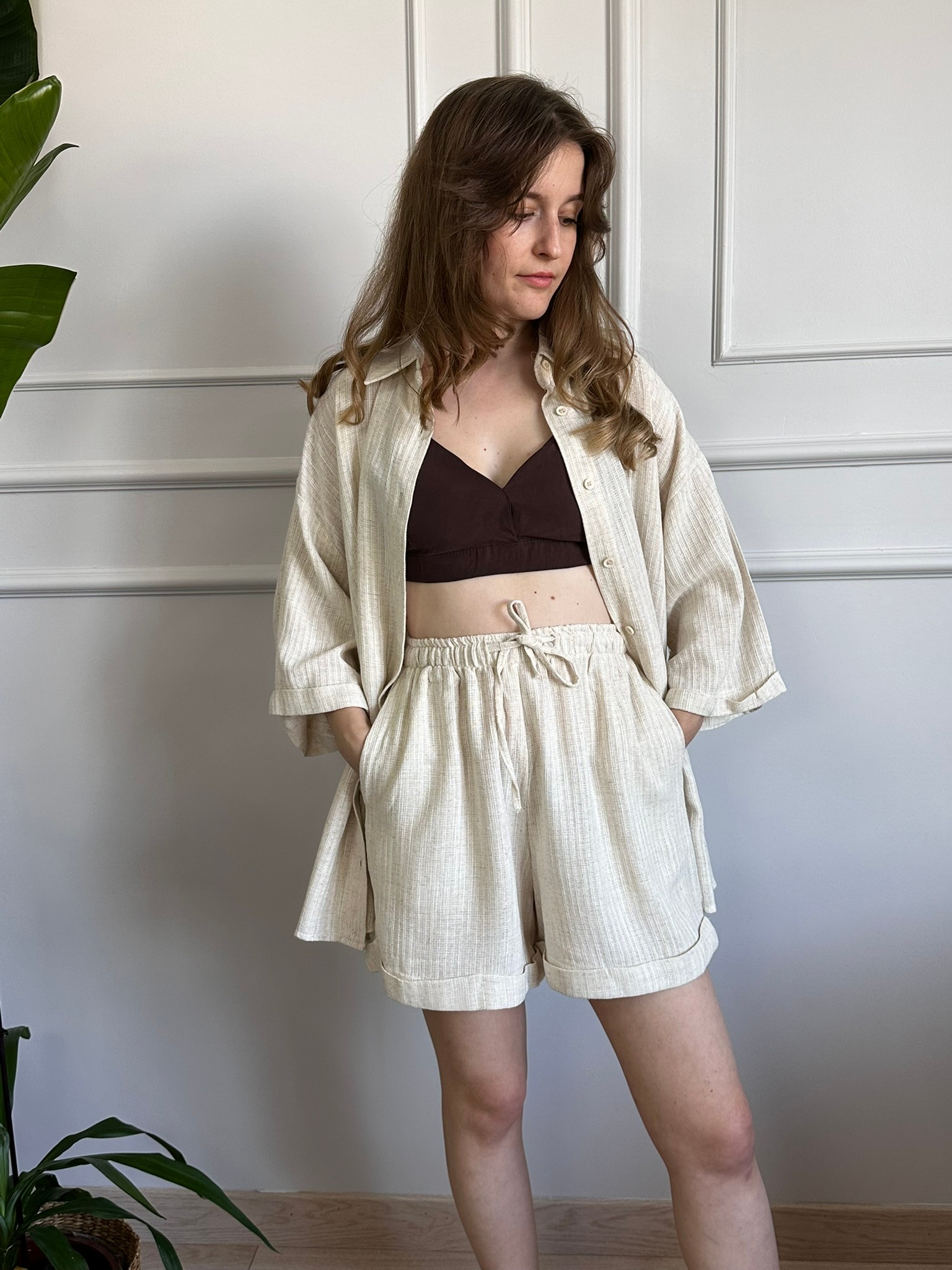 keten şort bralet gömlek 3 lü takım