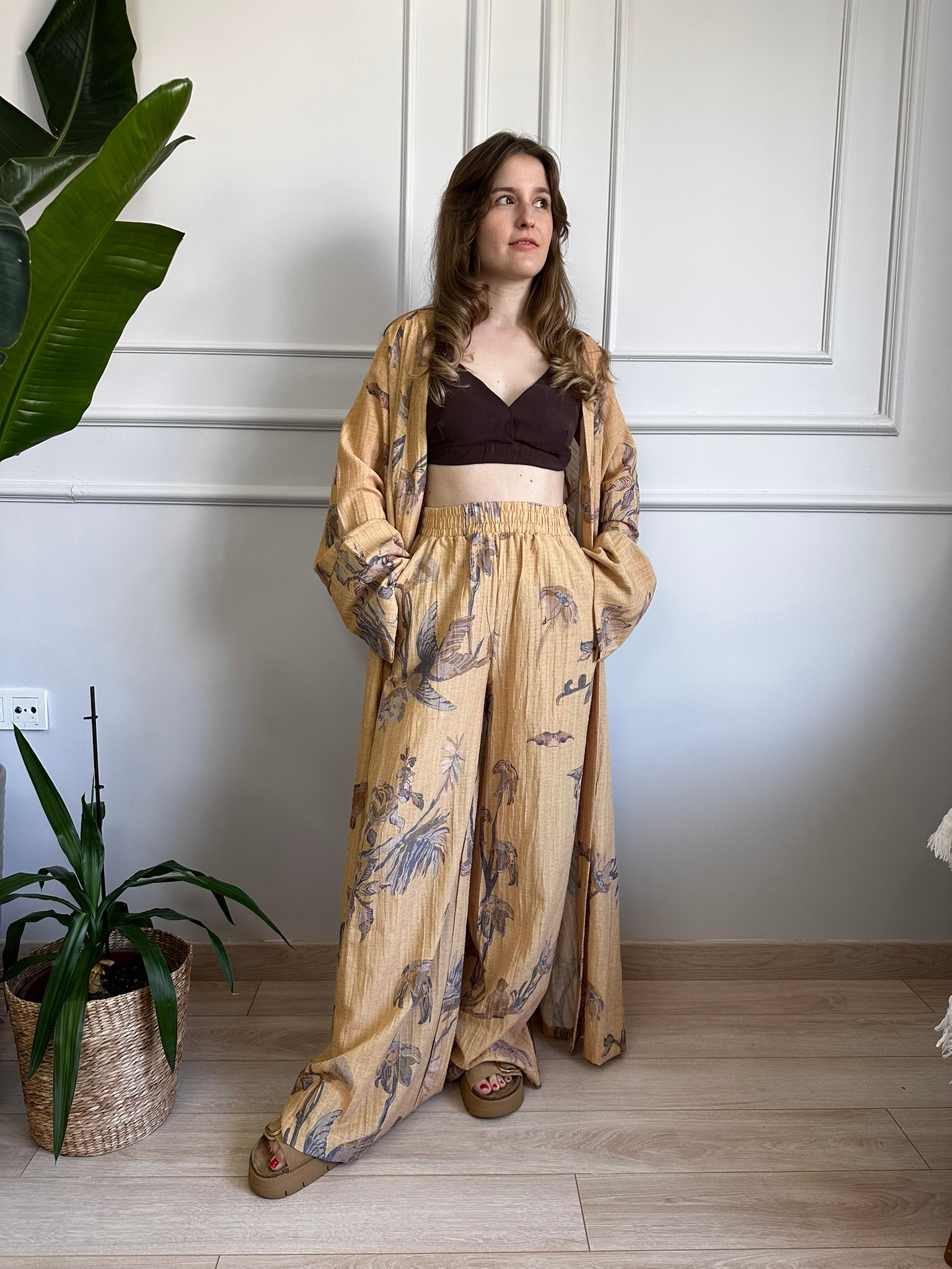desenli kimono ve pantolon takım