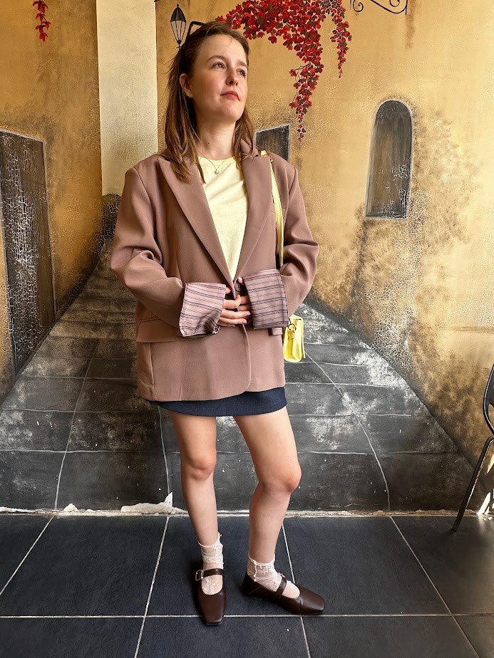 kahverengi desenli astarlı oversize blazer ceket