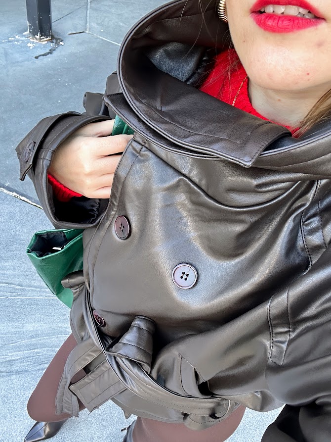 Acı Kahve Suni Deri Bağlamalı Ve Yaka Detaylı Ceket