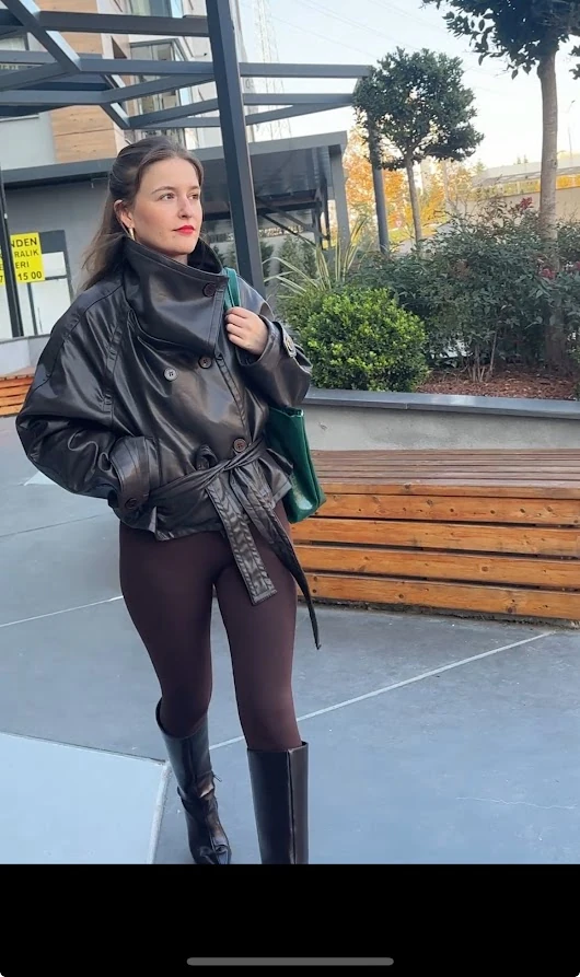 Acı Kahve Suni Deri Bağlamalı Ve Yaka Detaylı Ceket