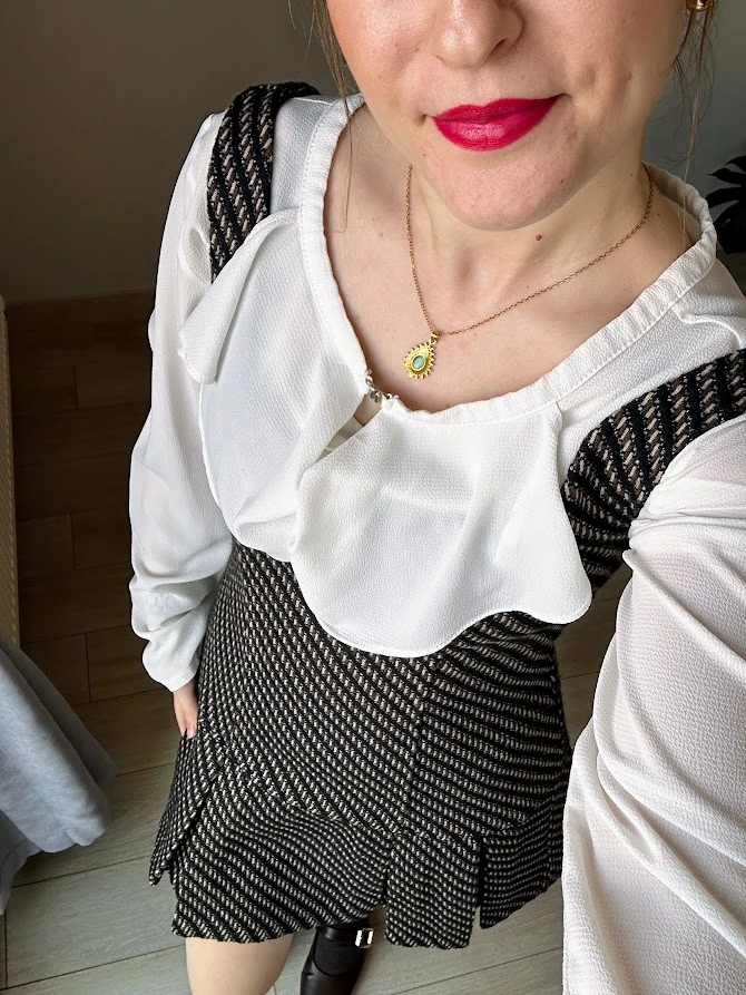 Kahverengi Ekose Kumaş Kalın Pileli Elbise