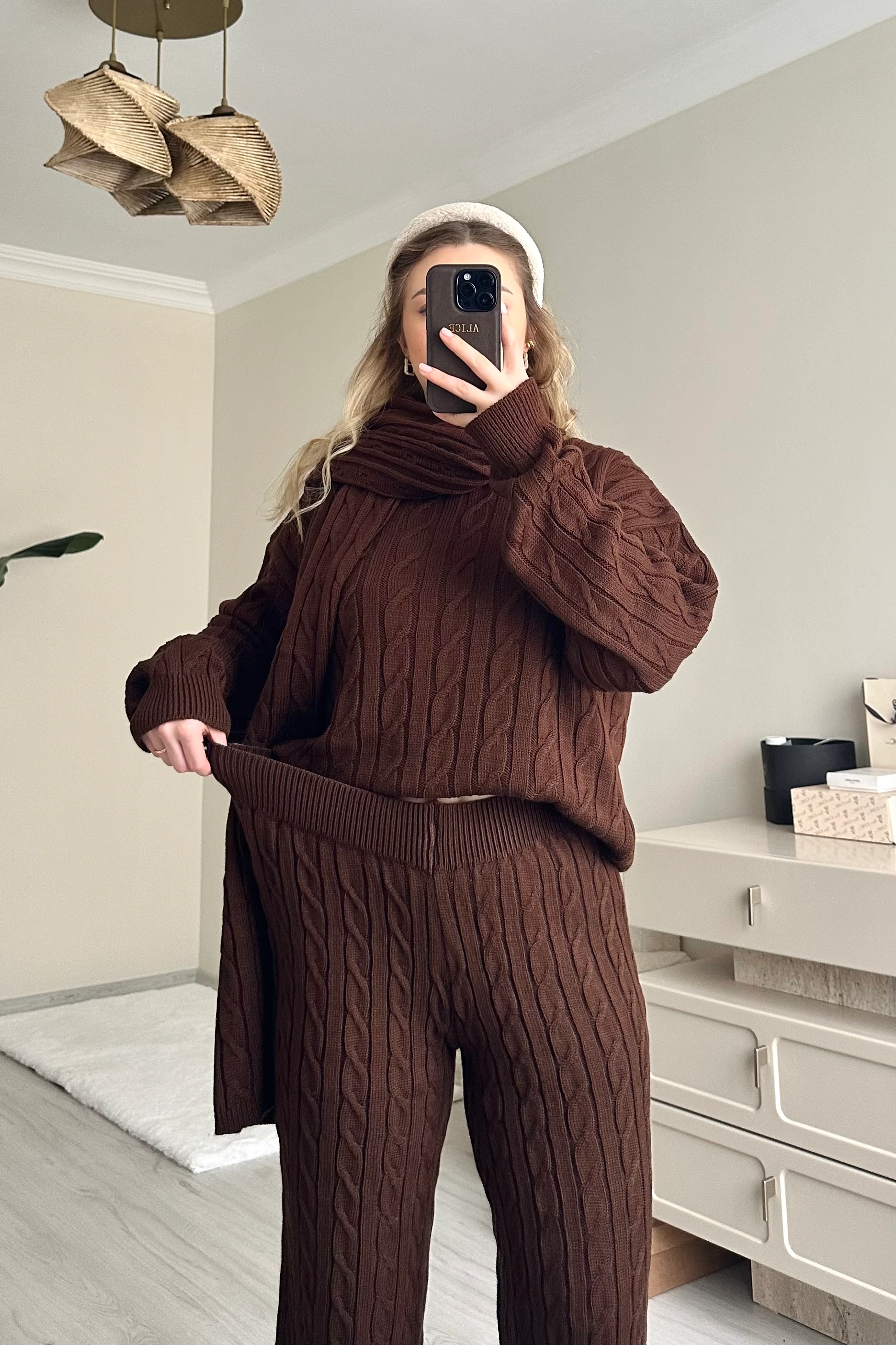 Şallı Saç Örgülü Pantolon Takım