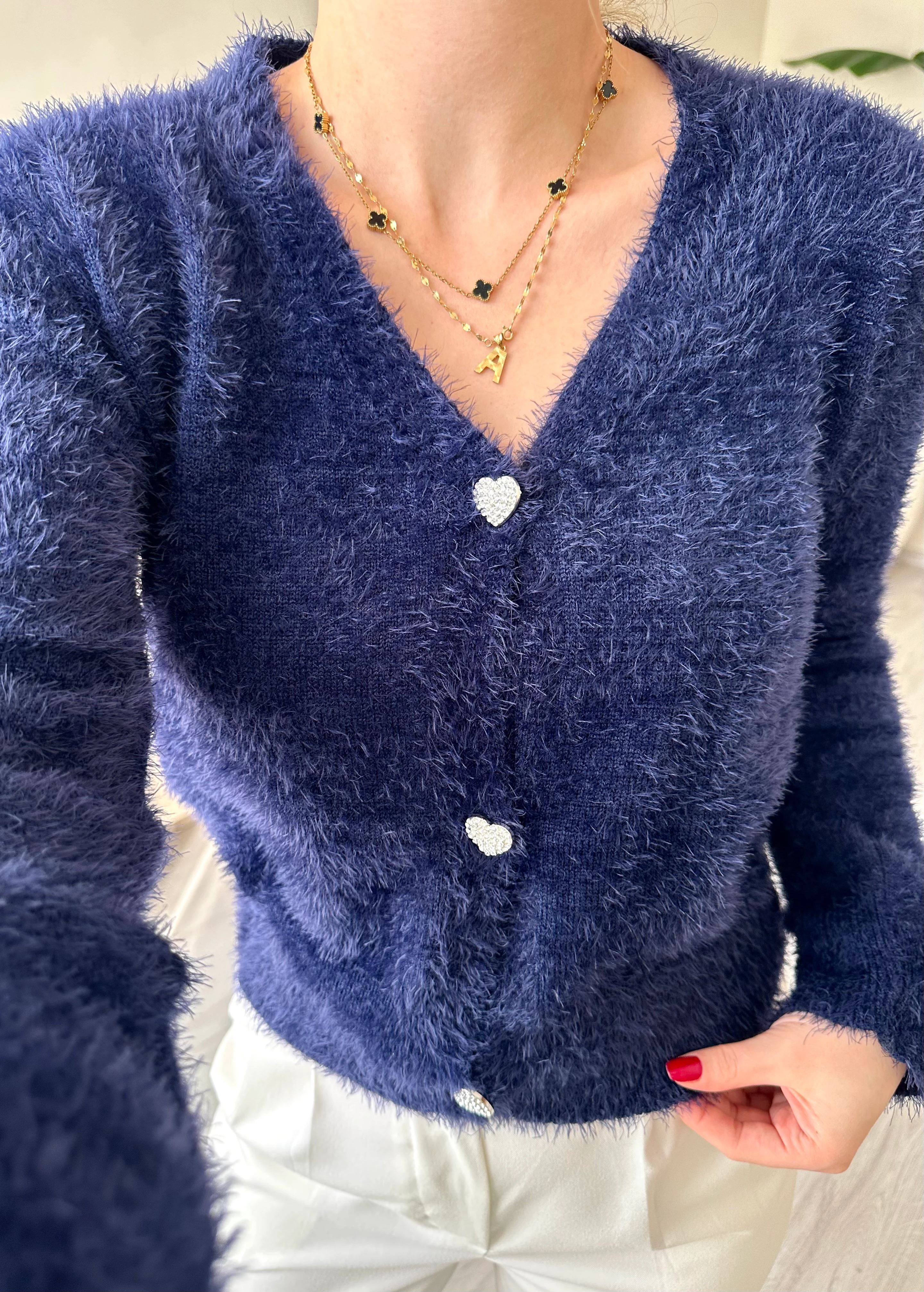 Kalp Taşlı Düğme Detay Sakallı Hırka