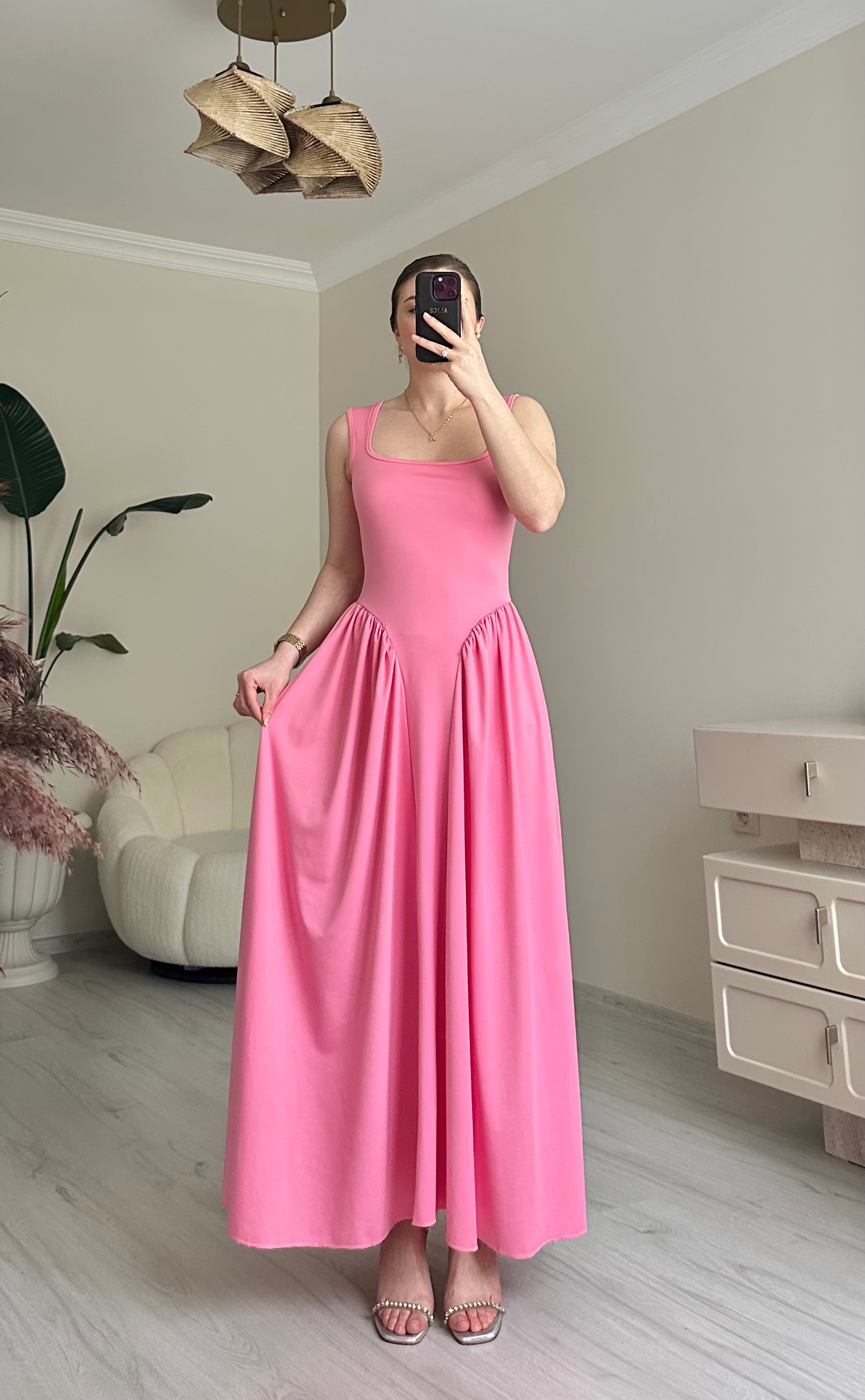 Vintage Kare Yaka Bel Detay Kloş Elbise - Şeker Pembe