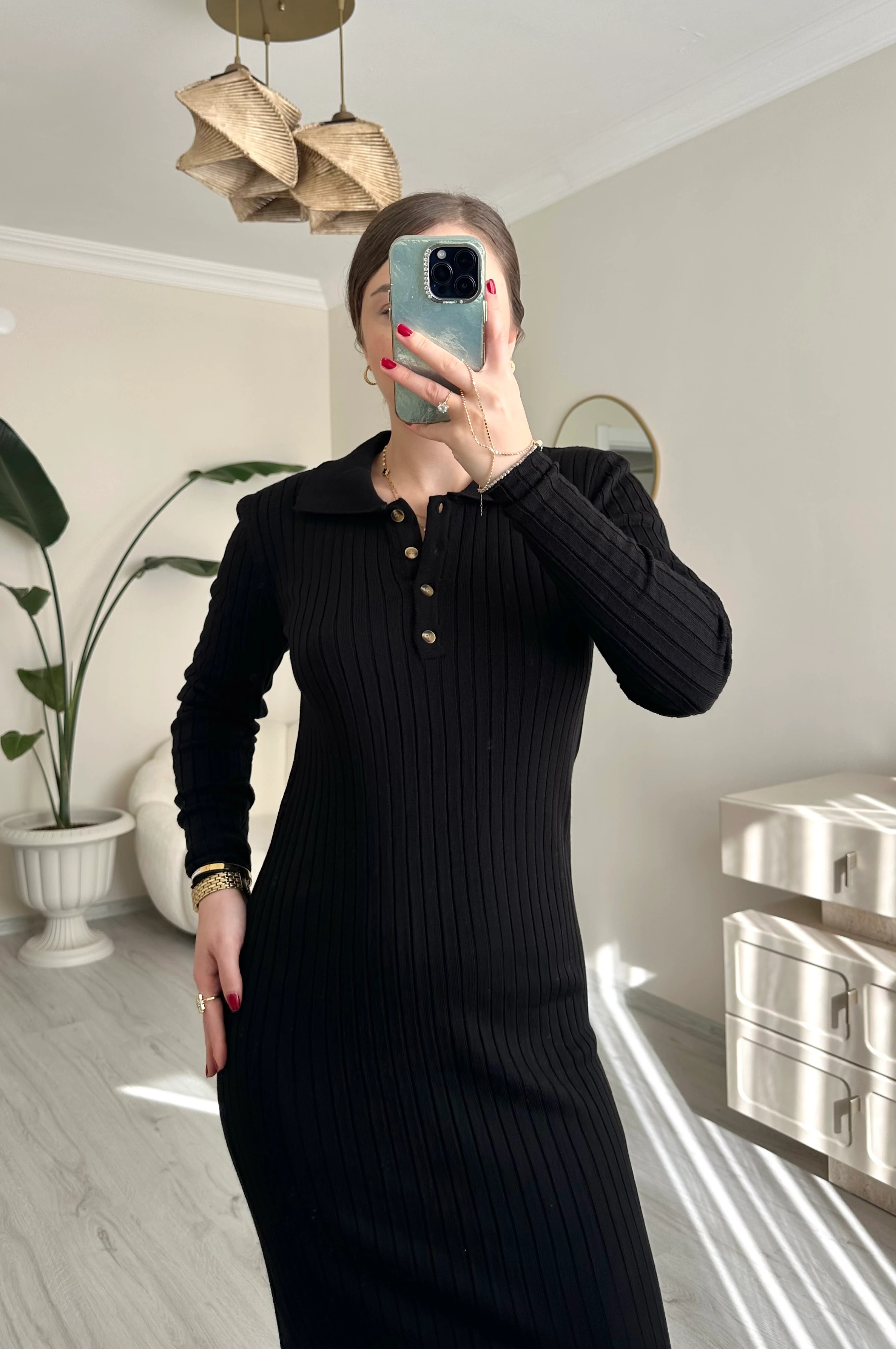 Polo Yaka Düğmeli Likralı Triko Elbise