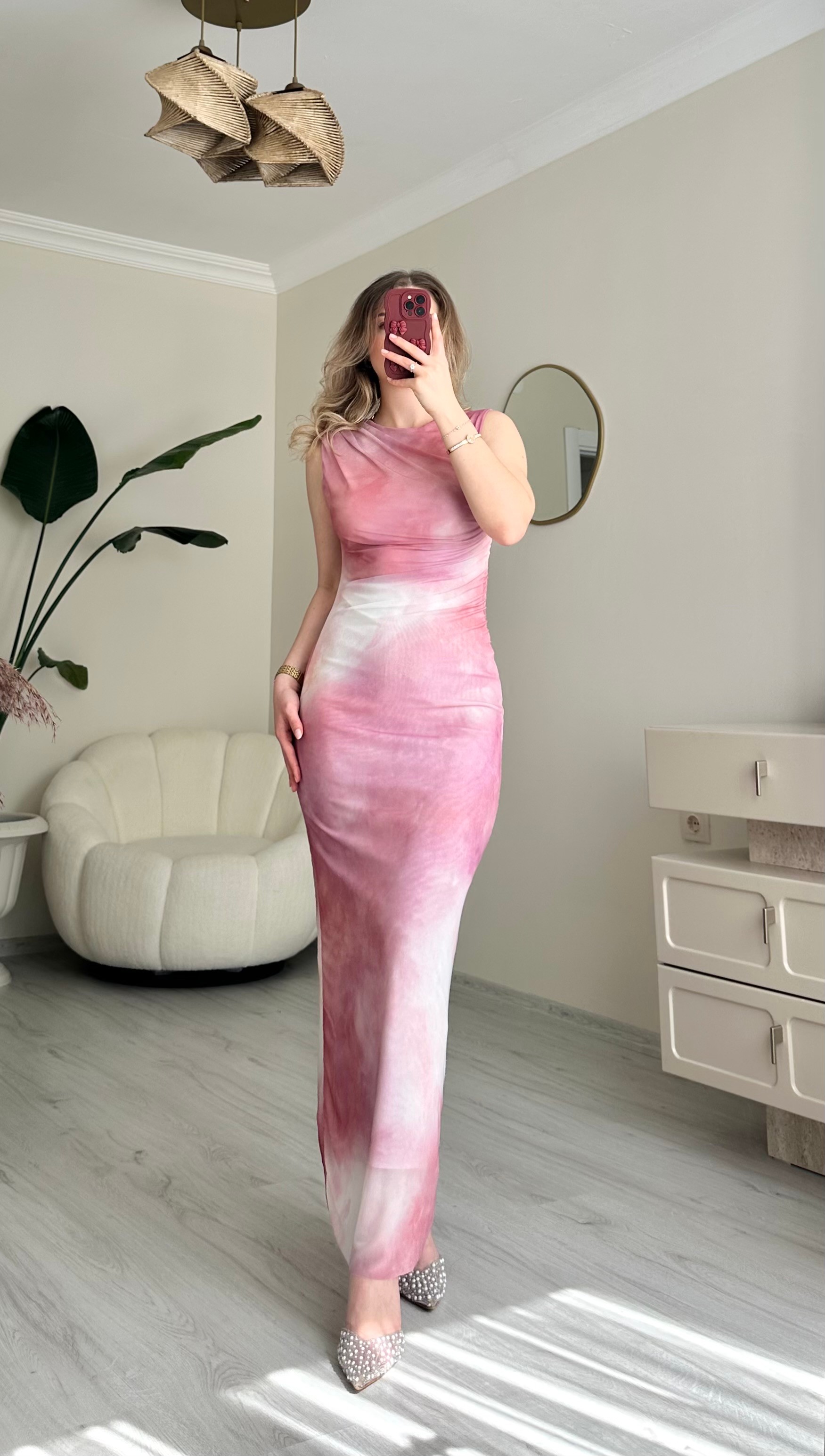 Tüllü Likralı Sıfır Kol Elbise - Pembe Desenli