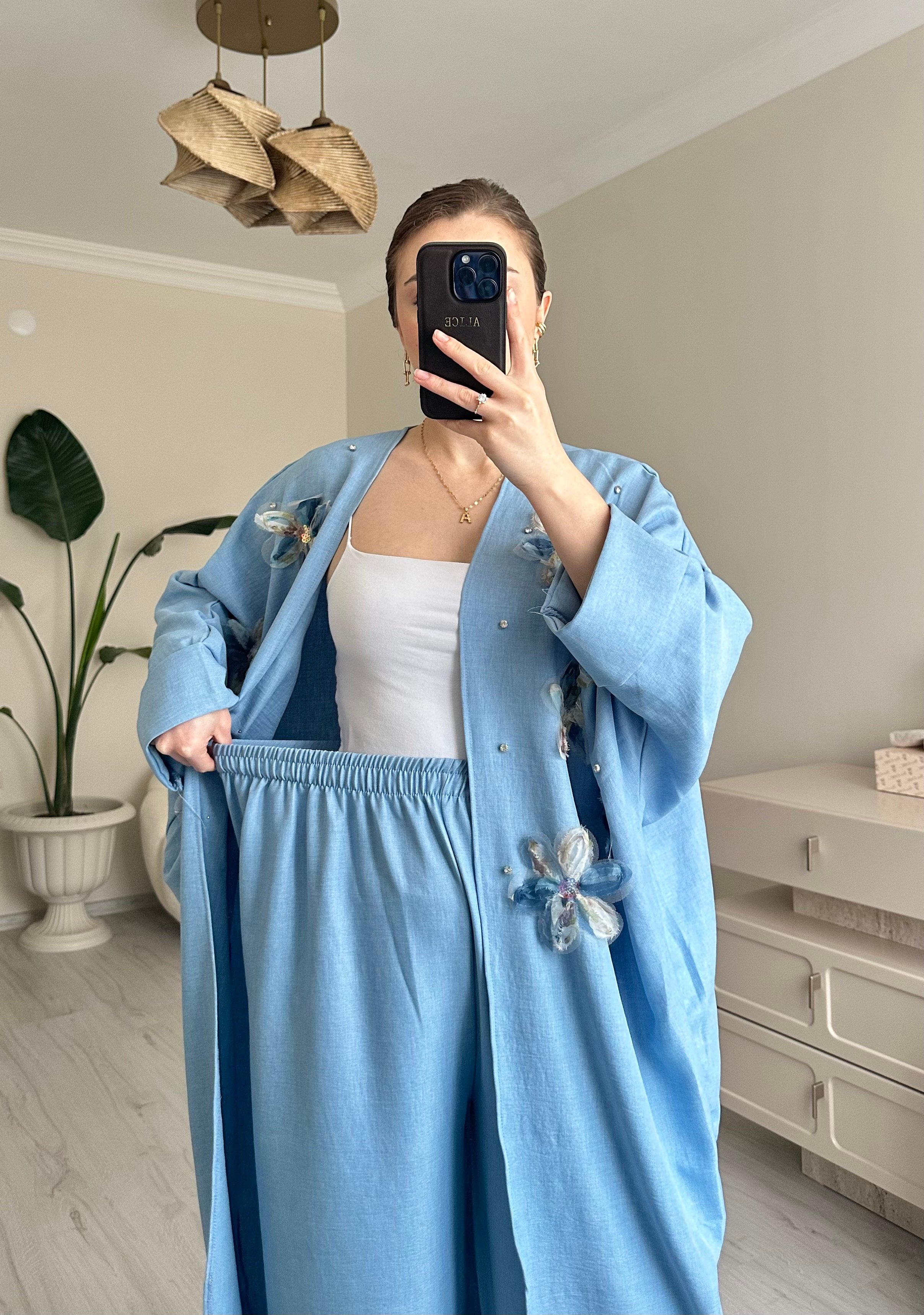 Çiçek Motif Detay Uzun Kimono Takım