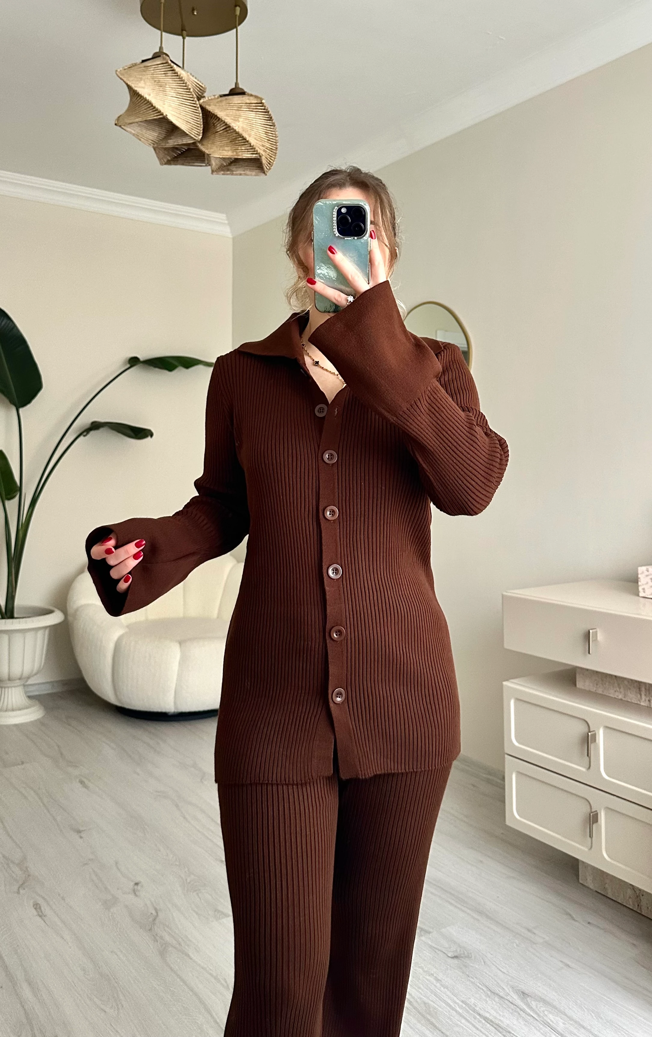 Düğmeli Triko Acı Kahve Takım