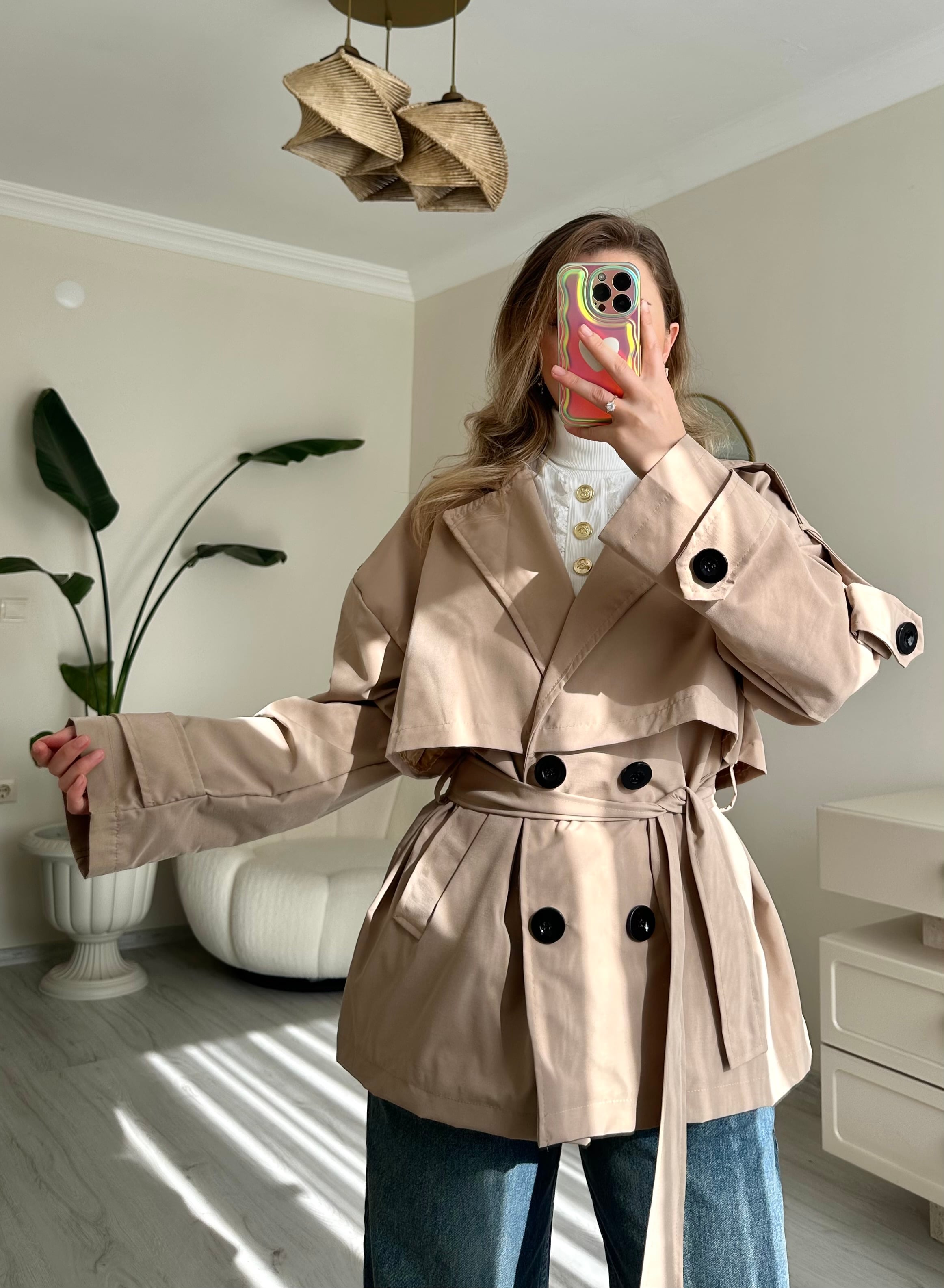 Premium Kuşaklı Oversize Kısa Trençkot