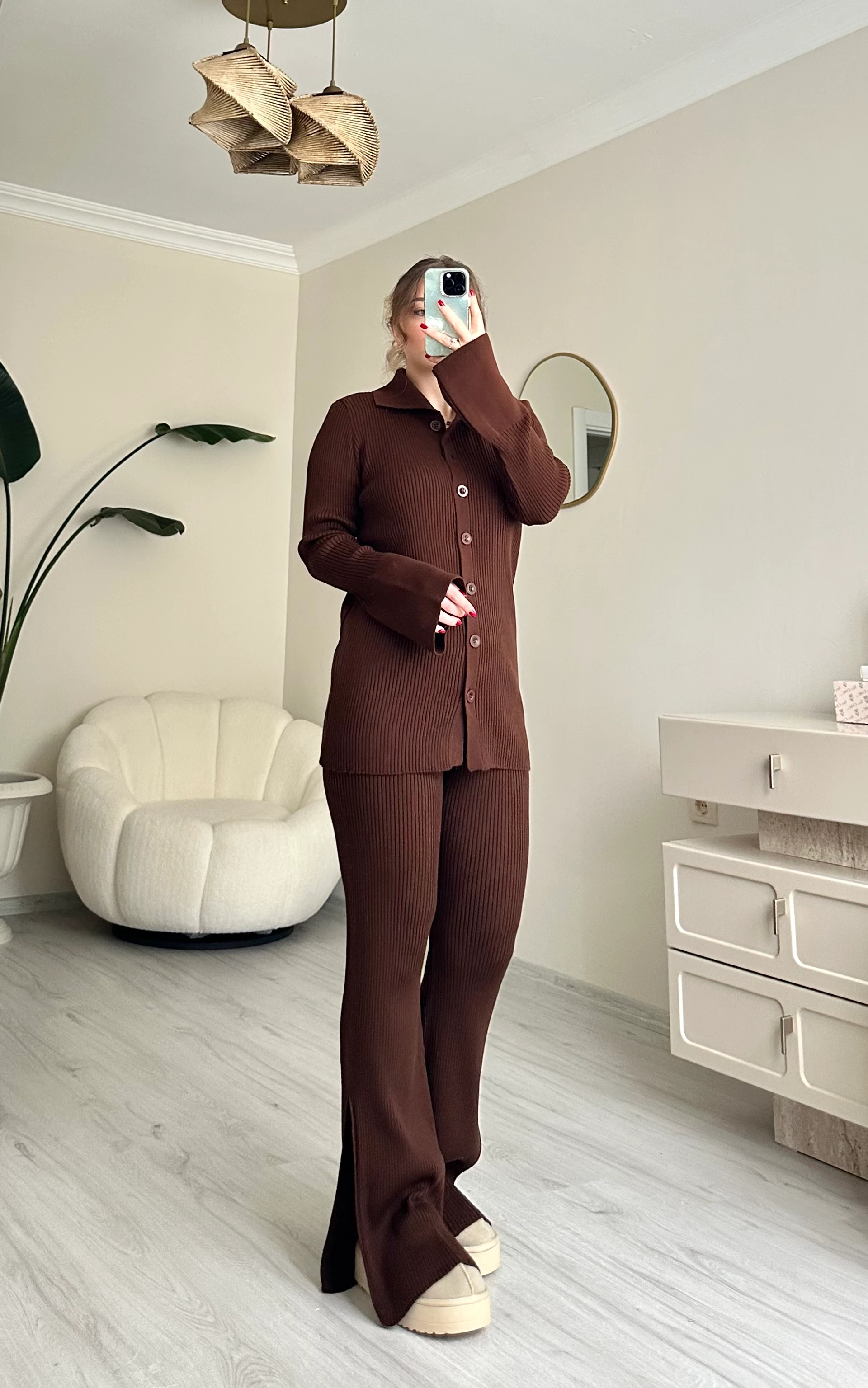 Düğmeli Triko Acı Kahve Takım