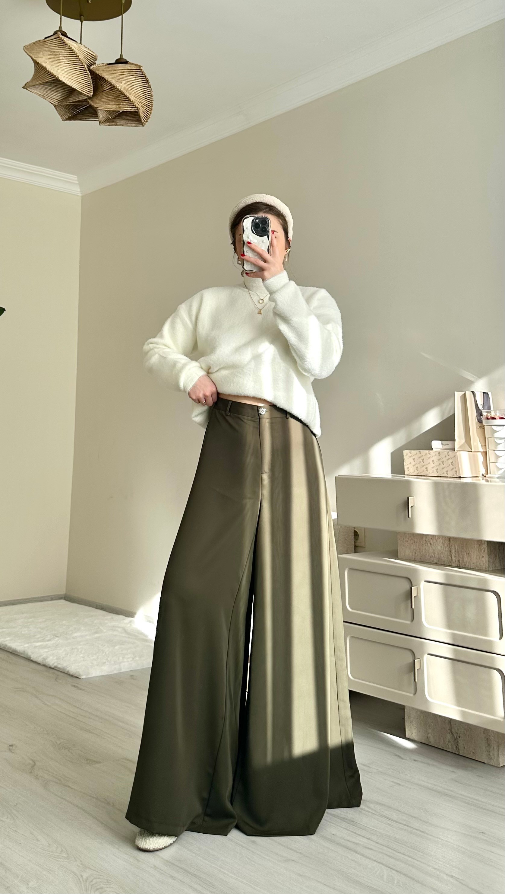 Saten Maxi Bol Paça Pantolon - Haki