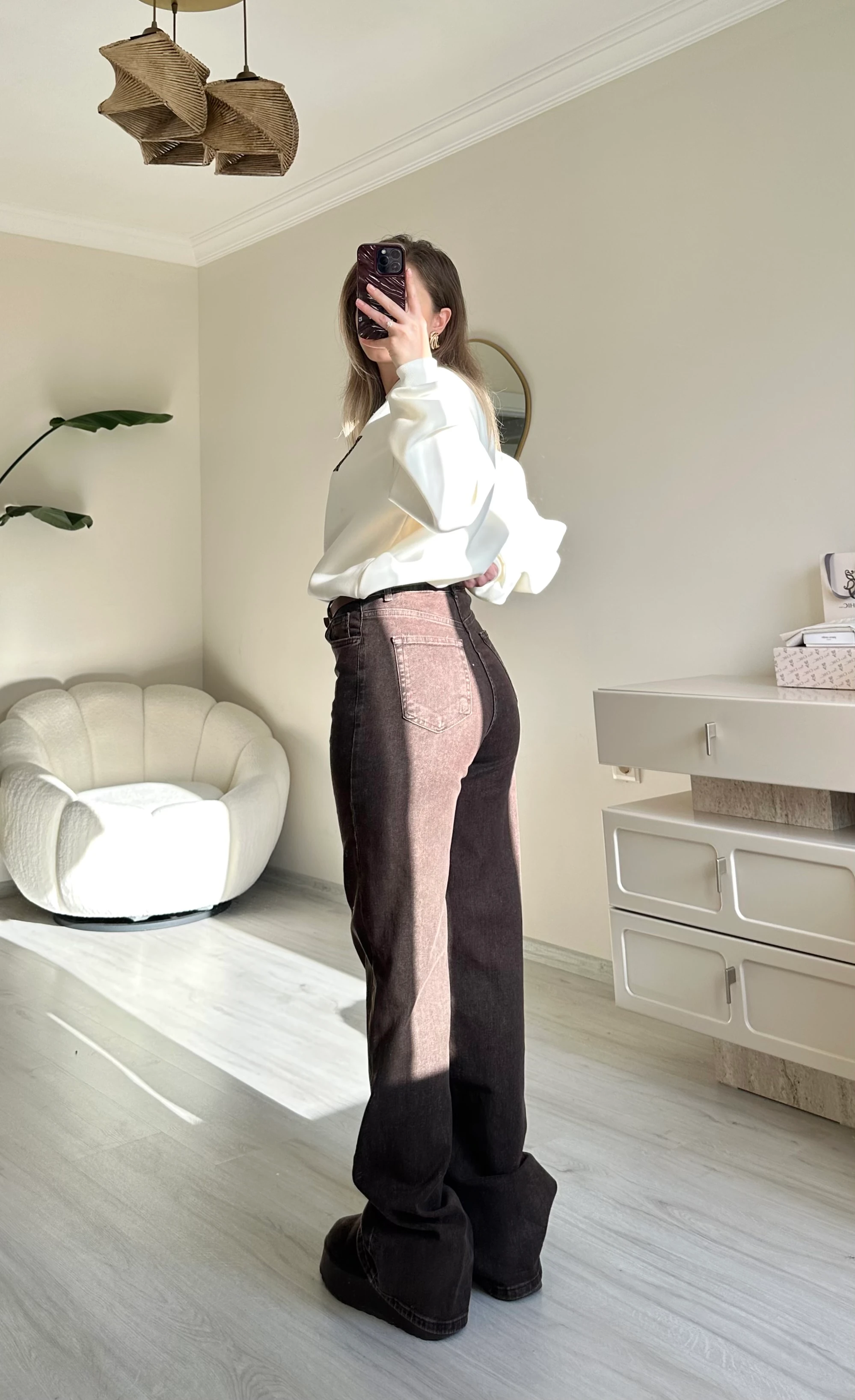 Likralı Döküm Paça Palazzo Kahve Yıkamalı Jean