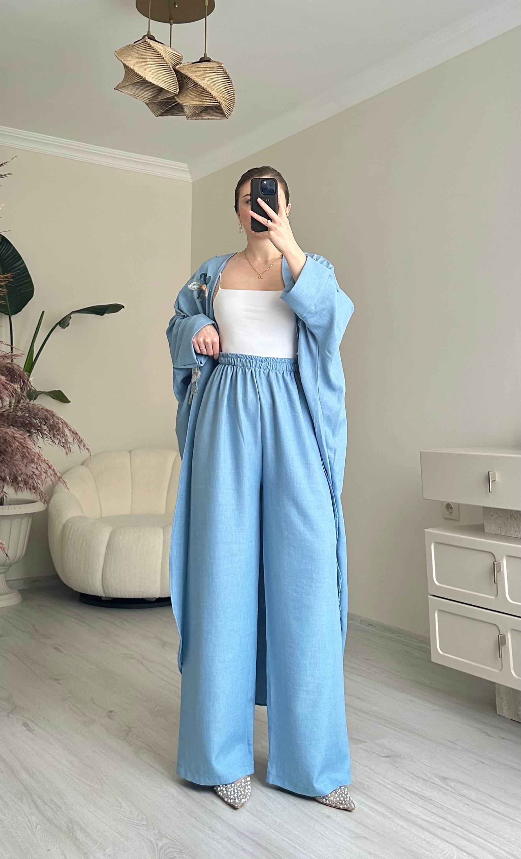 Çiçek Motif Detay Uzun Kimono Takım