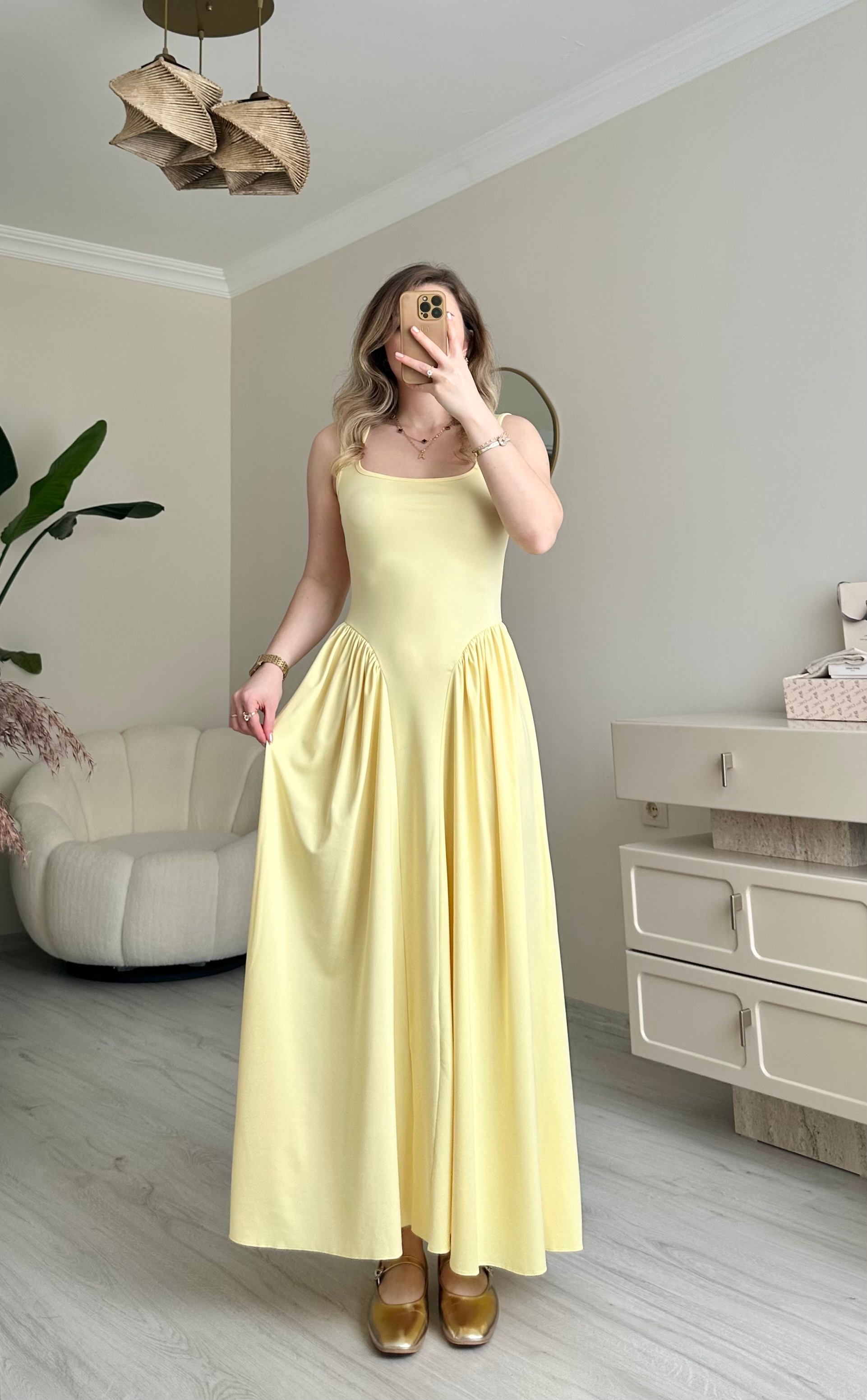 Vintage Kare Yaka Bel Detay Kloş Elbise - Soft Sarı
