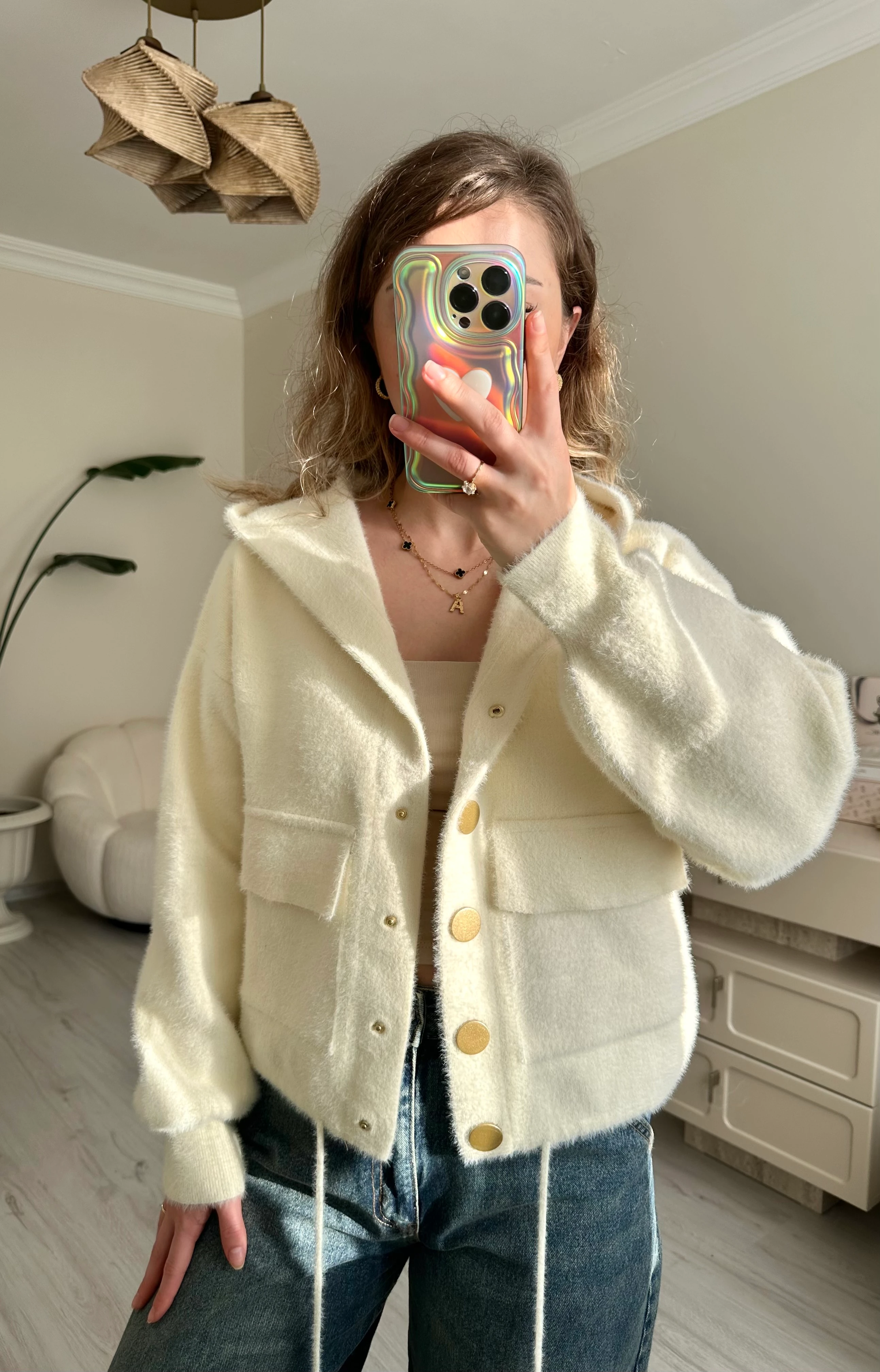 Premium Kapşonlu Gold Düğme Detay Sakallı Ceket