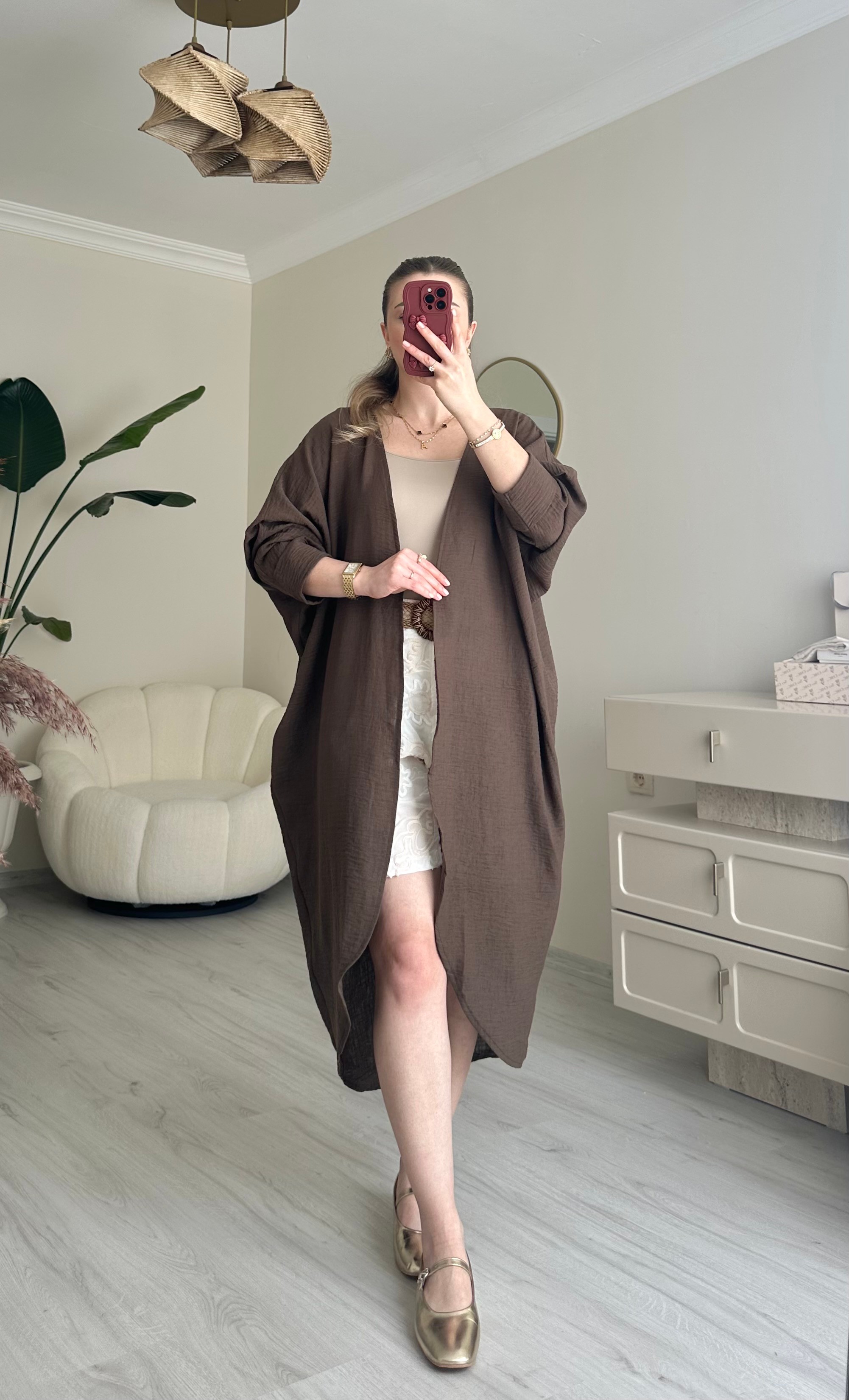 Keten Maxi Boy Oversize Kimono - Koyu Kahve