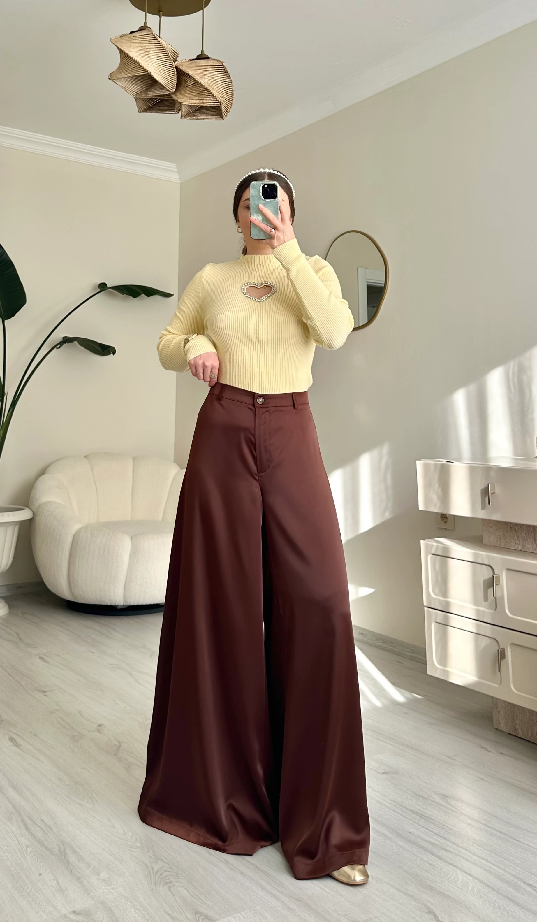 Premium Saten Maxi Paça Etekli Pantolon - Acı Kahve