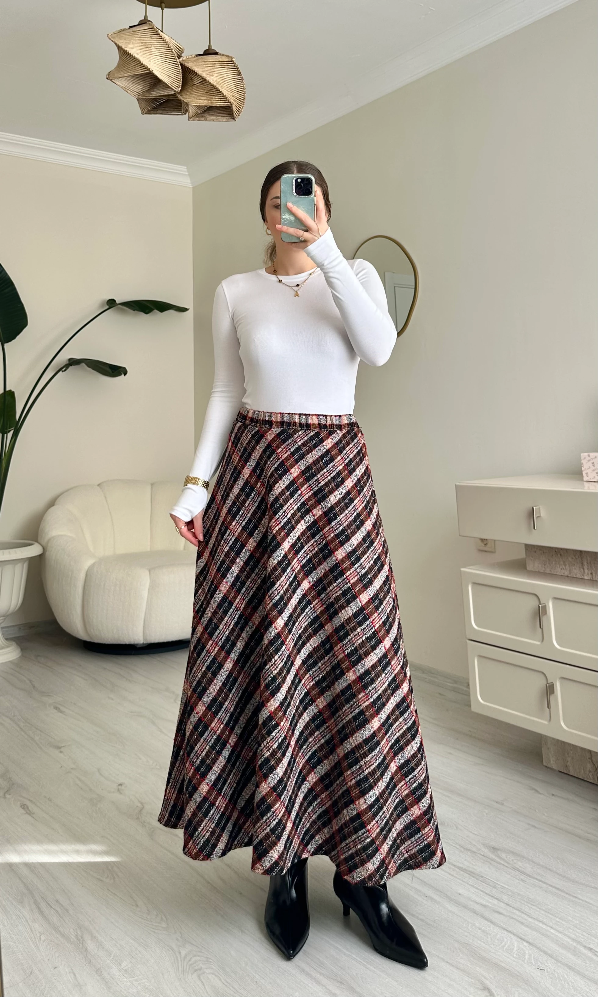 Şanel Kumaş Ekoseli Kloş Etek - Siyah-Kahve