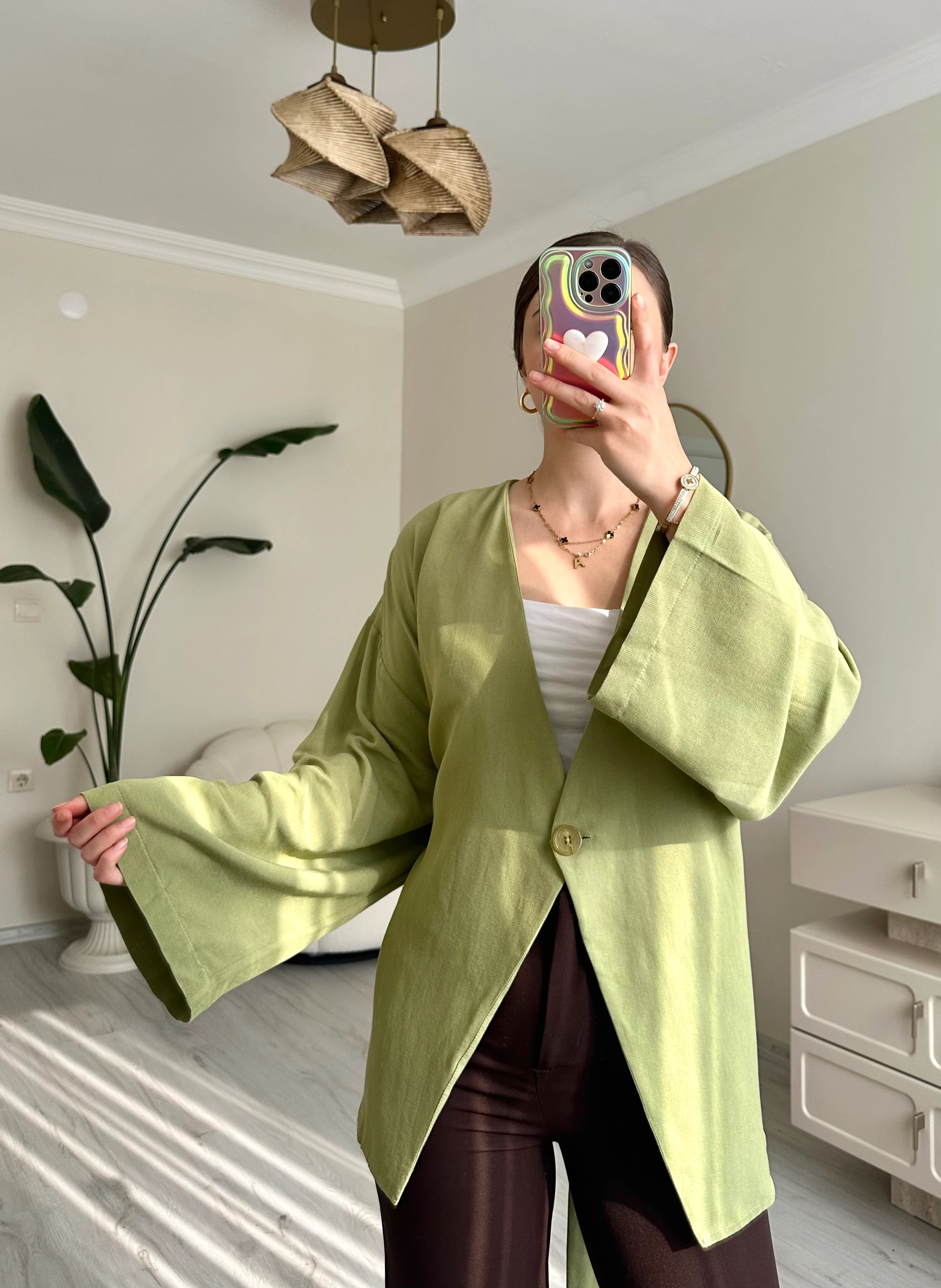 Kuşaklı Keten Oversize Ceket - Fıstık Yeşili