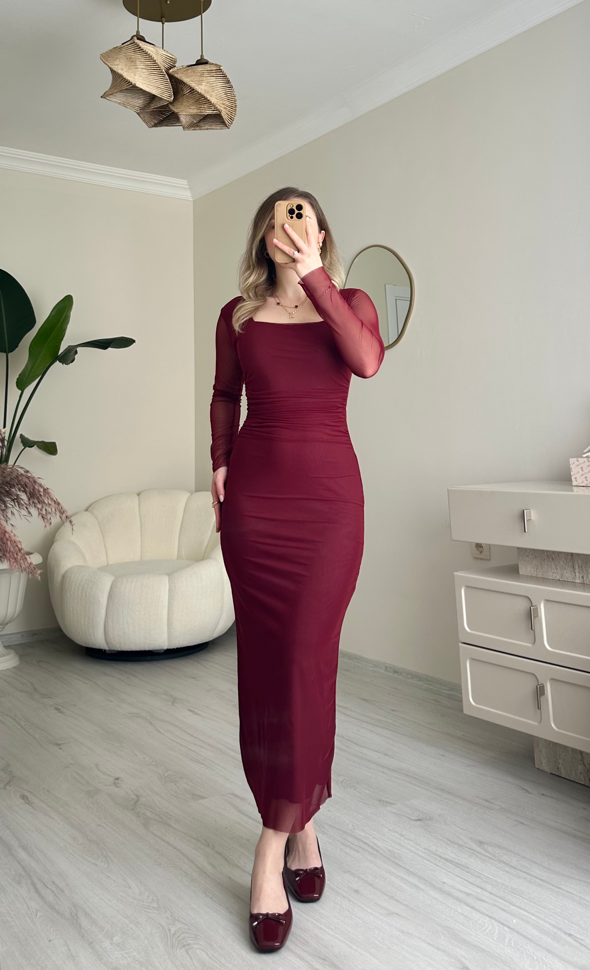 Tüllü Likralı Kare Yaka Midi Boy Elbise - Bordo