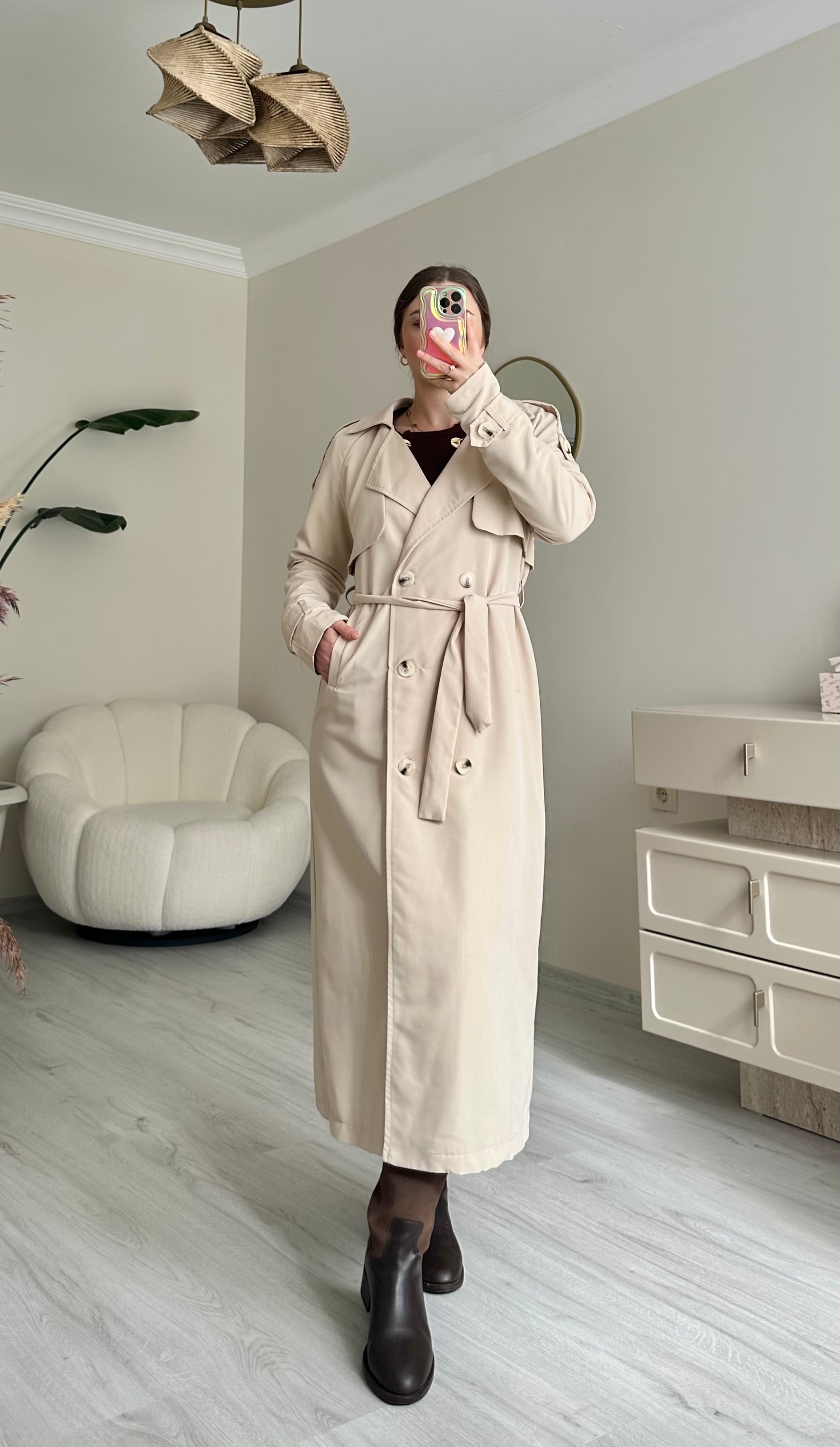 Premium Oversize Kuşaklı Trençkot - Krem