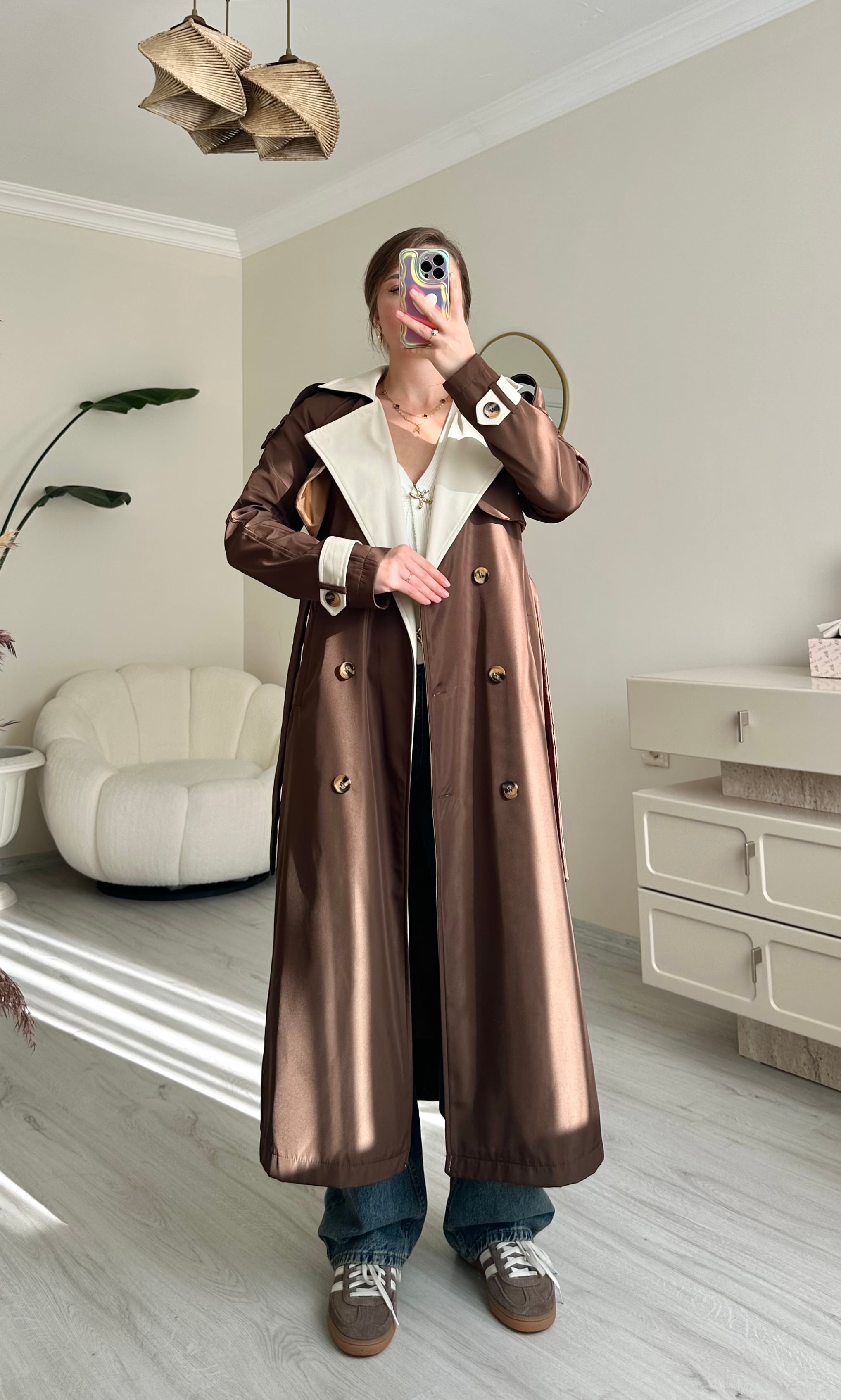 Premium Krem Detaylı Oversize Trençkot - Acı Kahve
