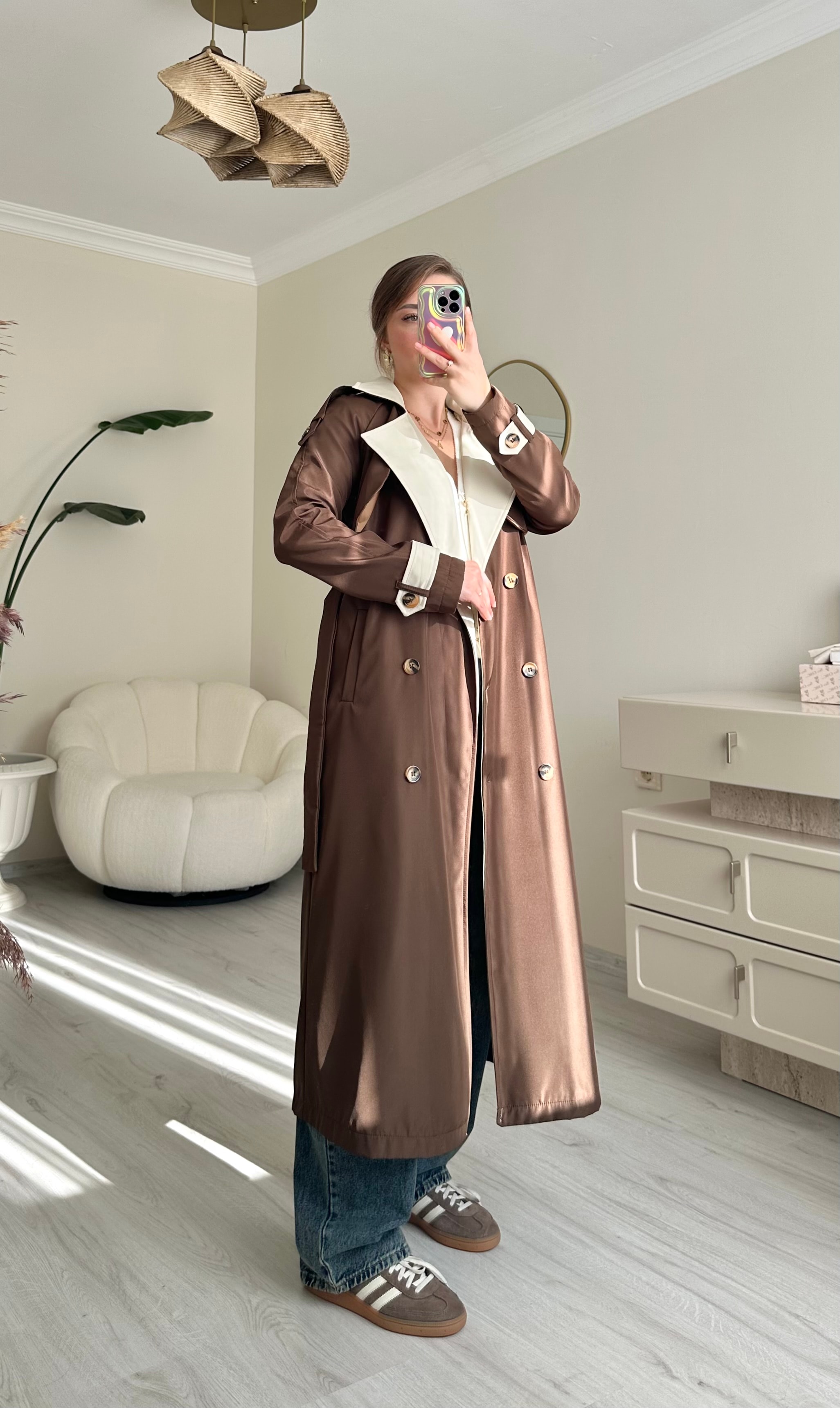 Premium Krem Detaylı Oversize Trençkot