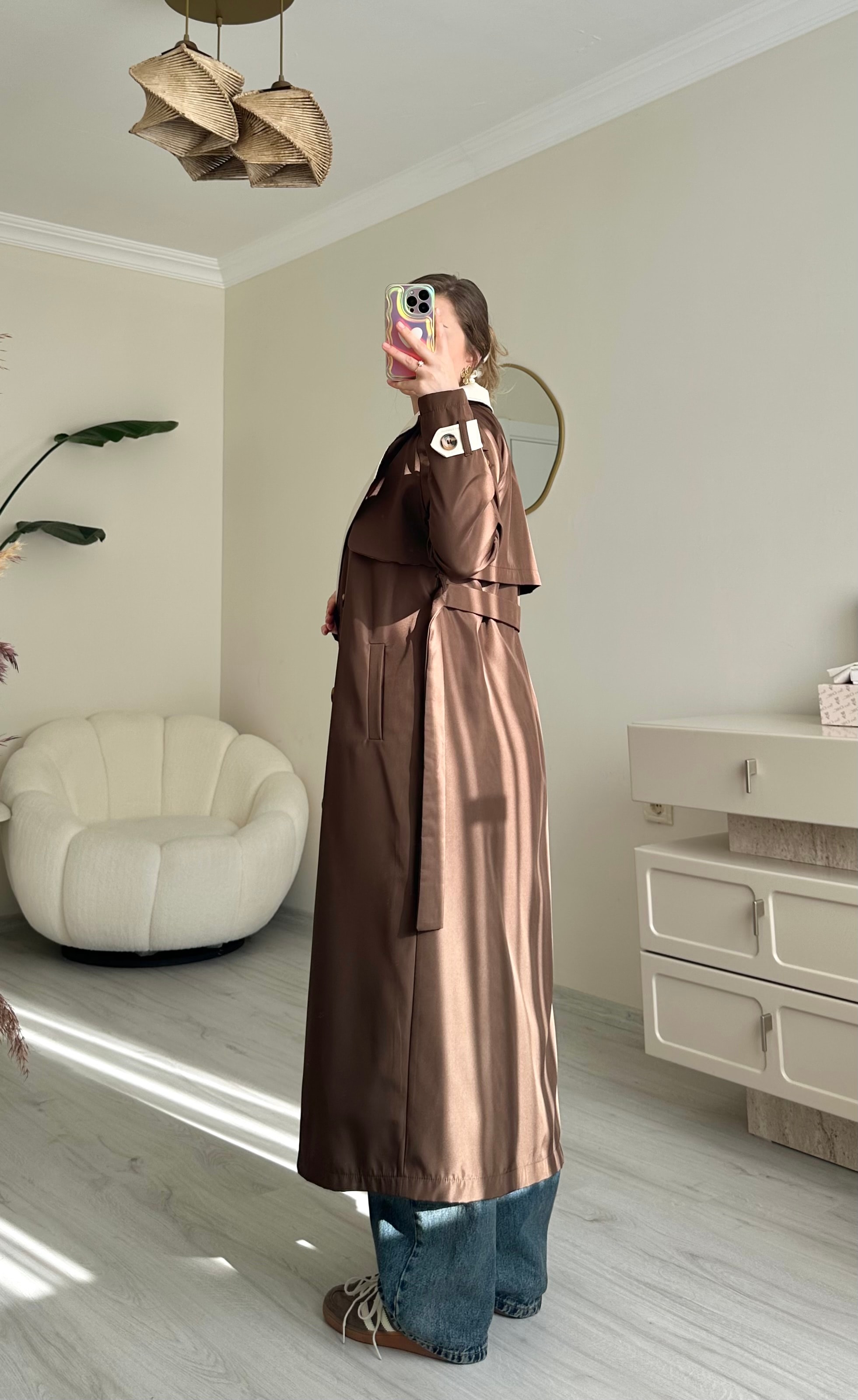 Premium Krem Detaylı Oversize Trençkot