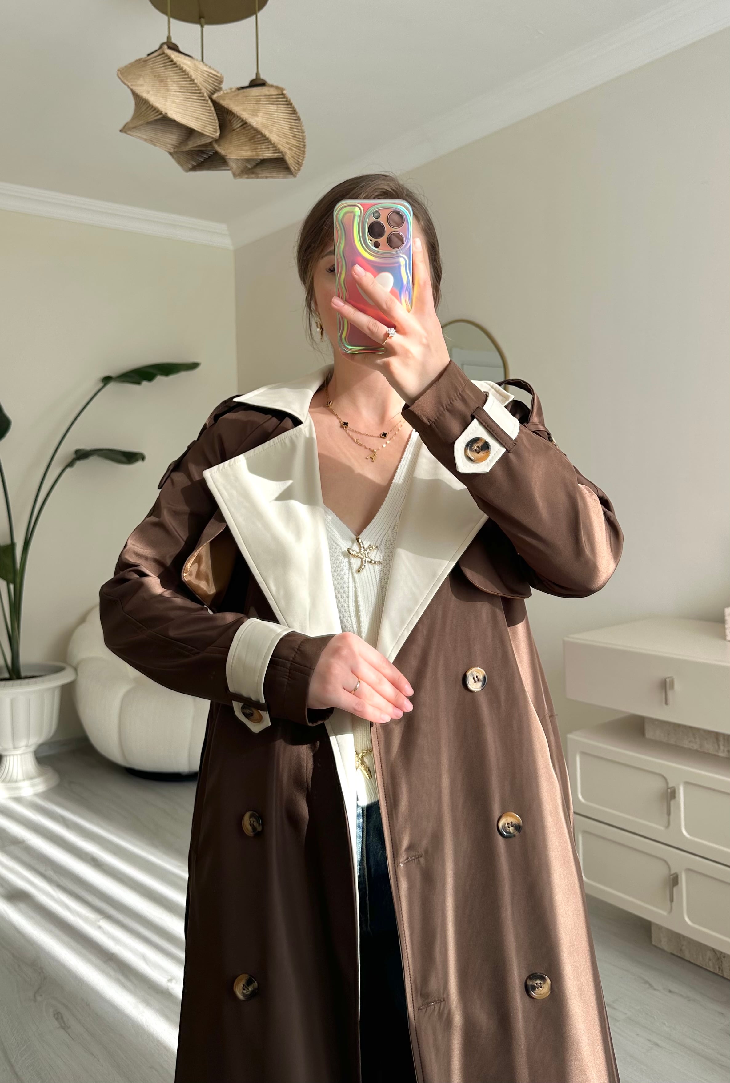 Premium Krem Detaylı Oversize Trençkot
