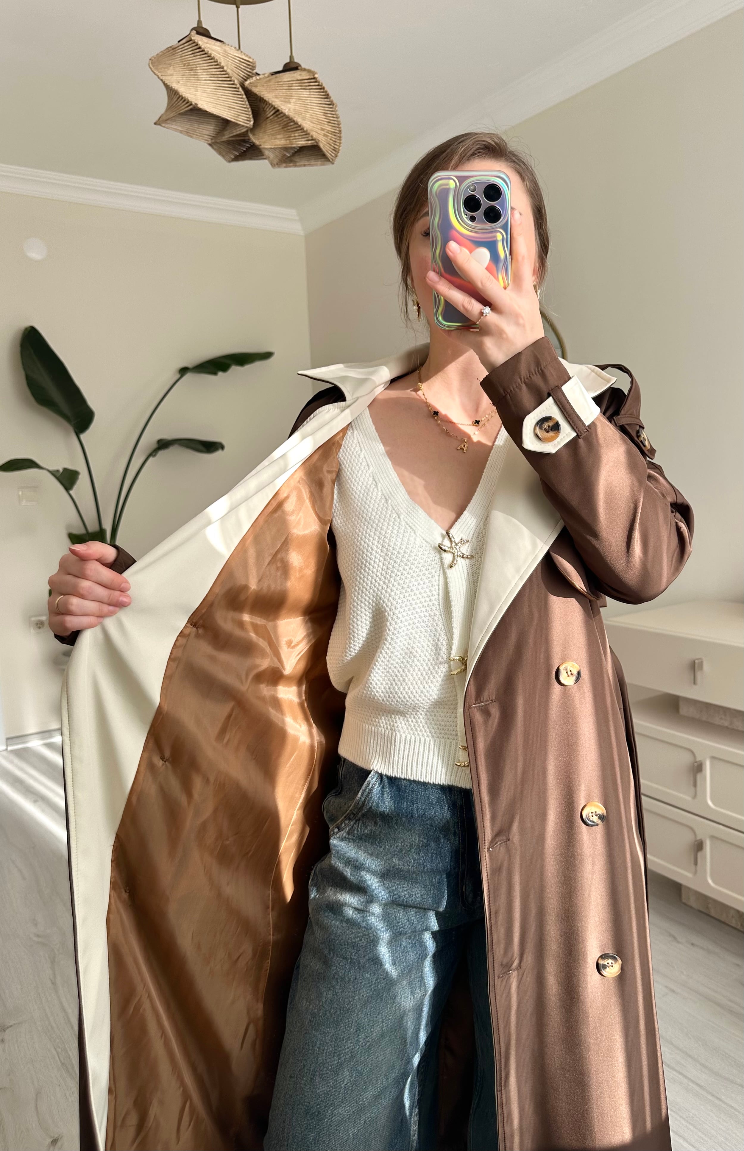 Premium Krem Detaylı Oversize Trençkot