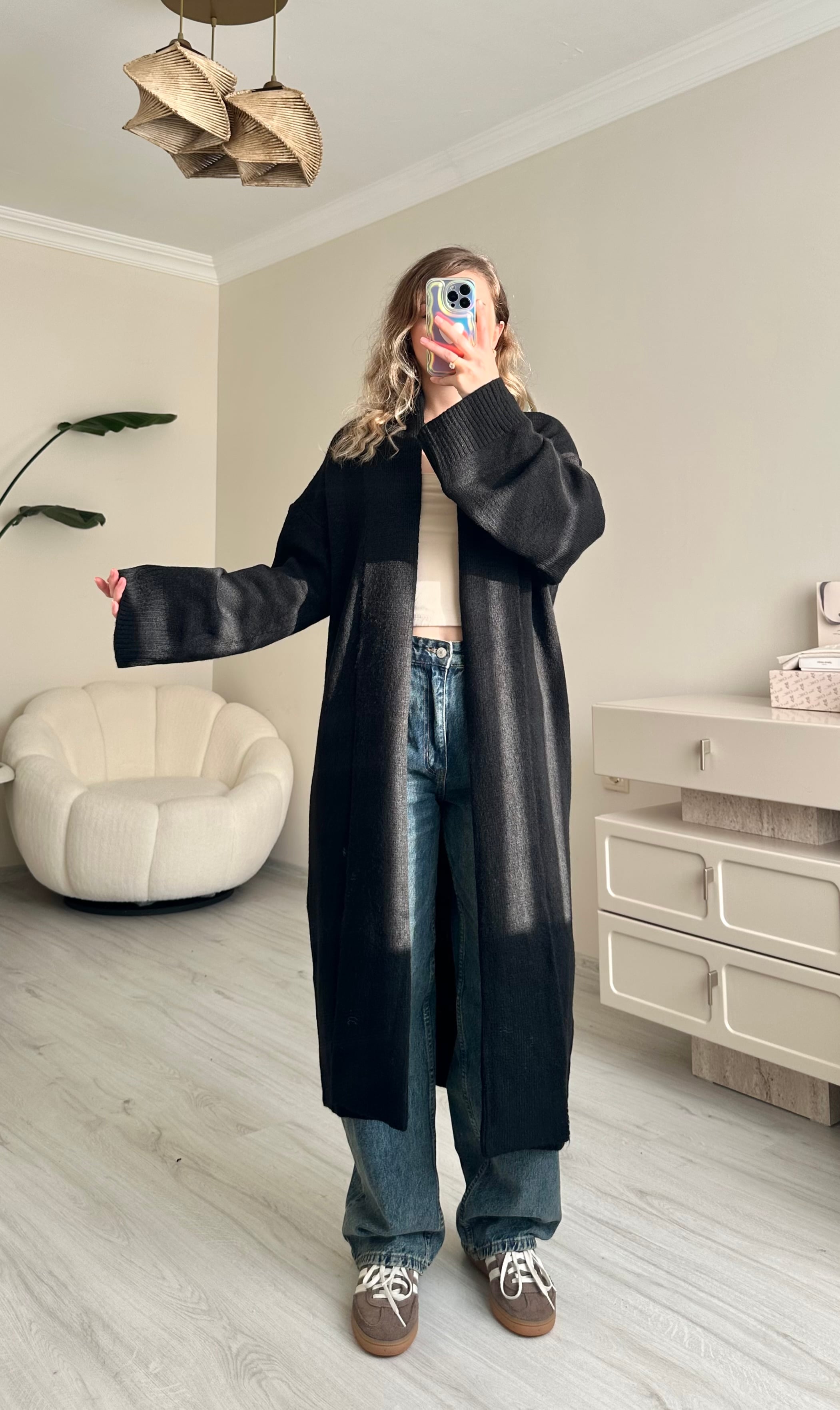 Premium Şal Yaka Oversize Maxi Boy Hırka - Siyah
