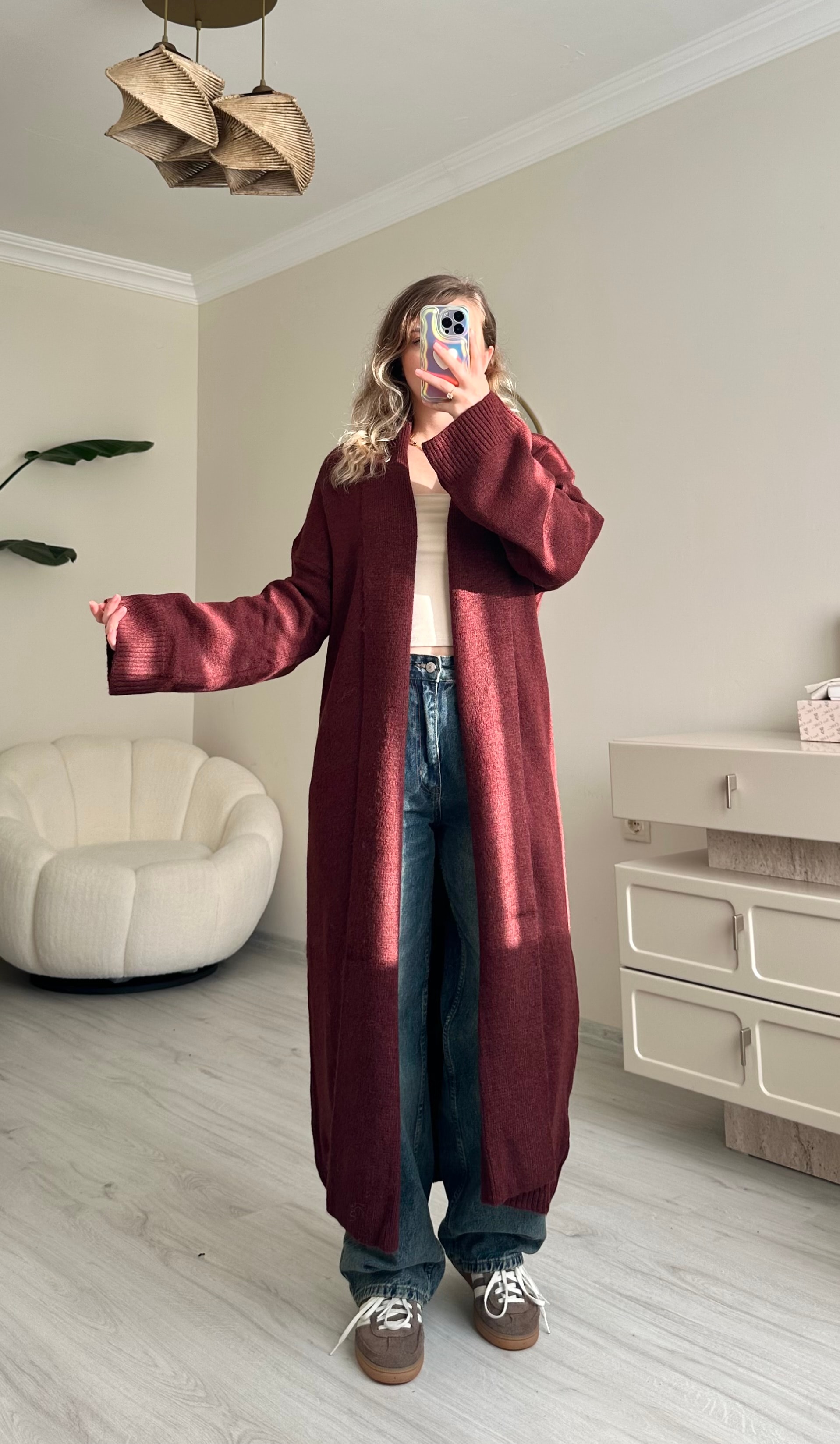 Premium Şal Yaka Oversize Maxi Boy Hırka - Bordo