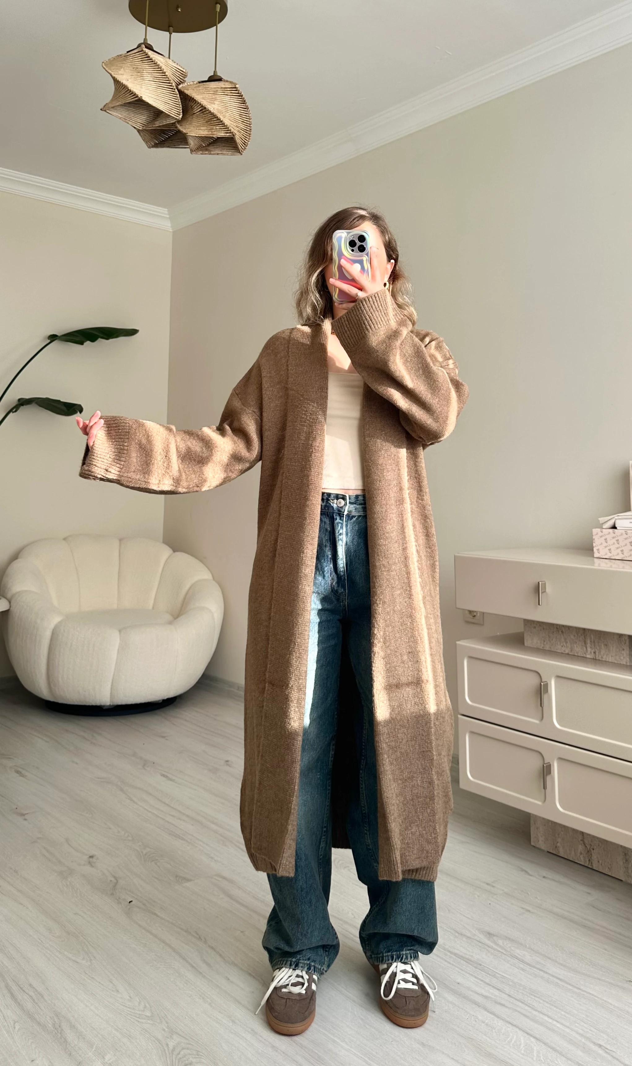 Premium Şal Yaka Oversize Maxi Boy Hırka - Sütlü Kahve