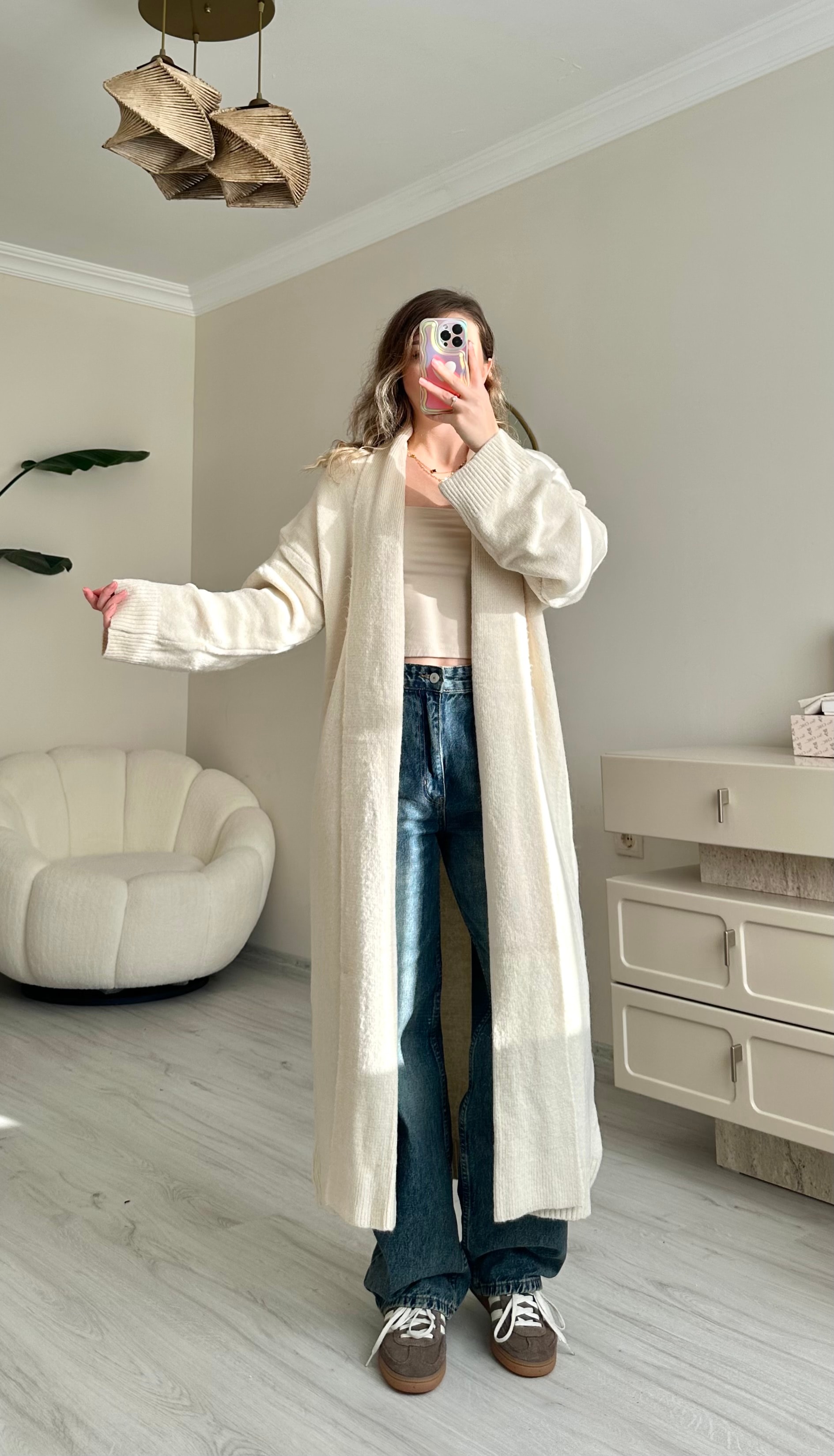Premium Şal Yaka Oversize Maxi Boy Hırka - Krem
