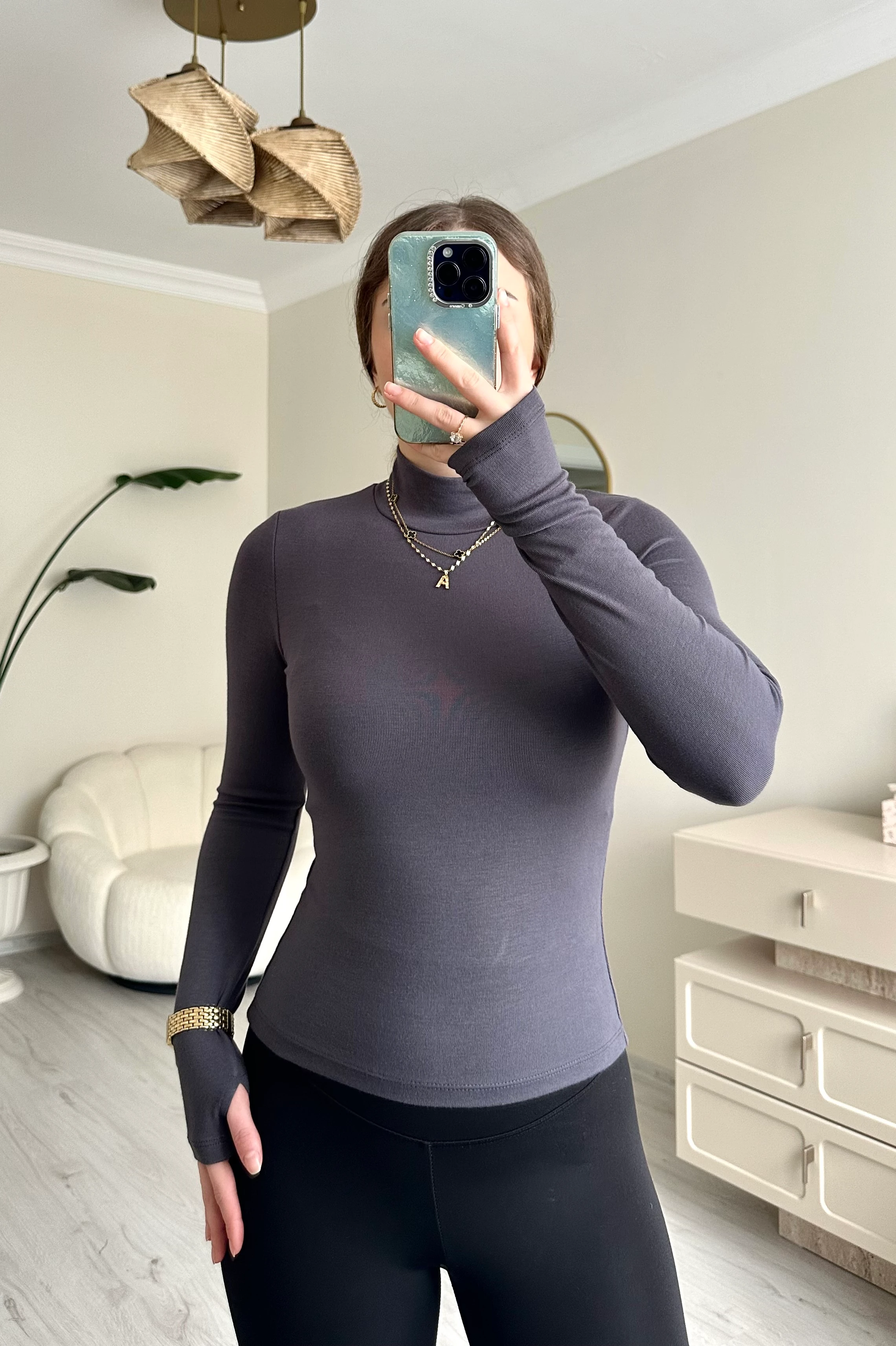 Balıkçı Yaka Likralı Parmak Geçmeli Slim Body - Antrasit